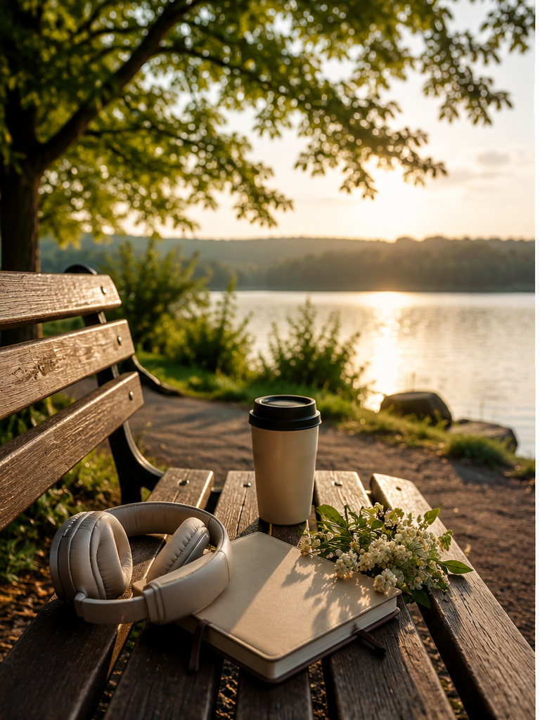 A peaceful outdoor scene with a park bench overlooking the water, headphones, a journal, and a travel mug.