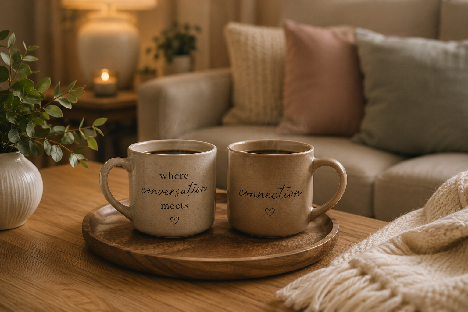 Two coffee mugs resting on a wooden table in a warmly lit living room, symbolizing meaningful relationships, honest conversations, emotional connection, and shared moments of reflection.