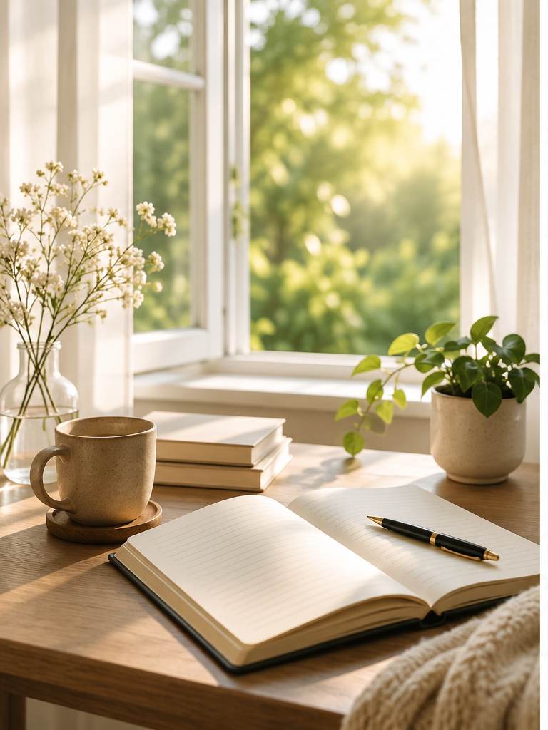 A clean, calming image with the open journal, coffee mug, plants, and sunlight.