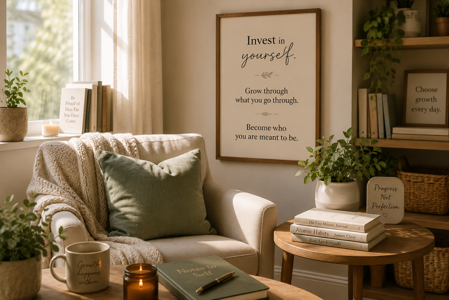 A peaceful reading nook with a cozy chair, books, plants, and inspirational artwork, representing self-reflection, personal growth, healing, and the ongoing journey of becoming your best self.