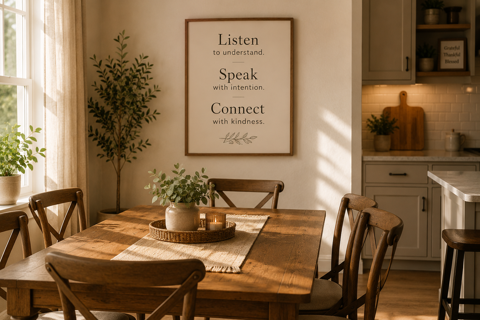 Warm kitchen with a wooden dining table surrounded by chairs and framed wall art encouraging listening, understanding, and thoughtful conversation, representing meaningful communication and authentic connection.