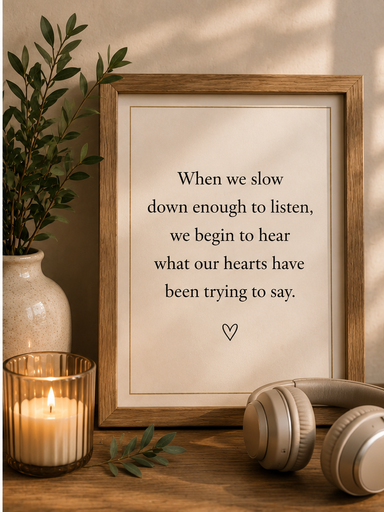 A warm indoor vignette with a framed quote, candle, greenery, and headphones.