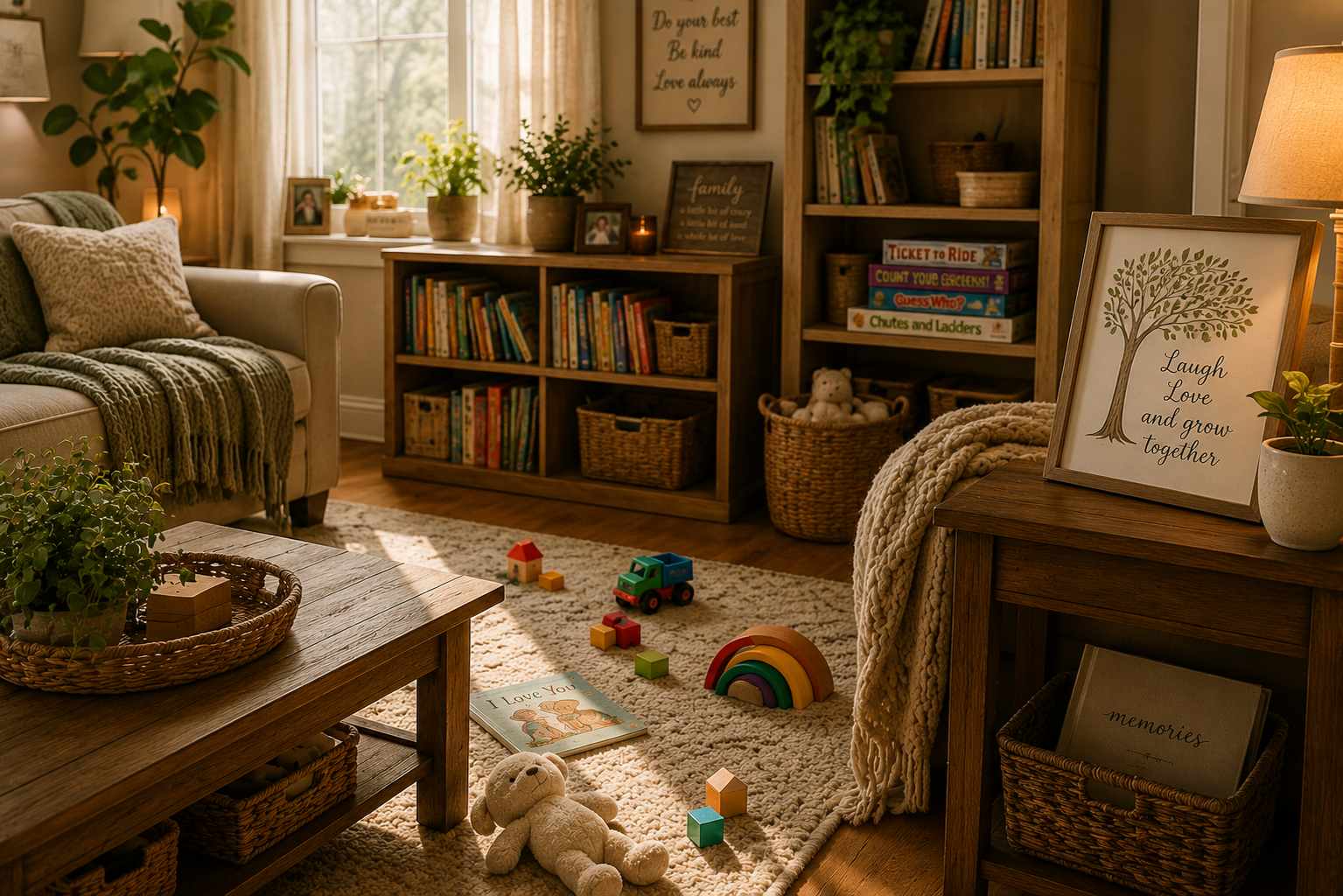 A warm family living room with children's books, board games, toys, cozy furnishings, and a framed family tree print, representing love, belonging, family traditions, and growing together across generations.