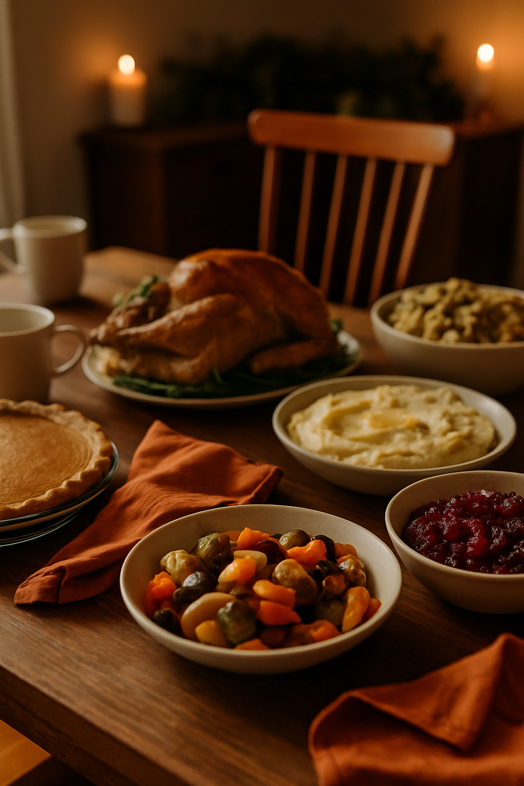 A warm Thanksgiving kitchen table scene with rustic wooden tones. The table is partly set with classic holiday dishes, including turkey, vegetables, and pie. Some napkins and cups are missing, creating a cozy, lived-in atmosphere. Soft golden lightin