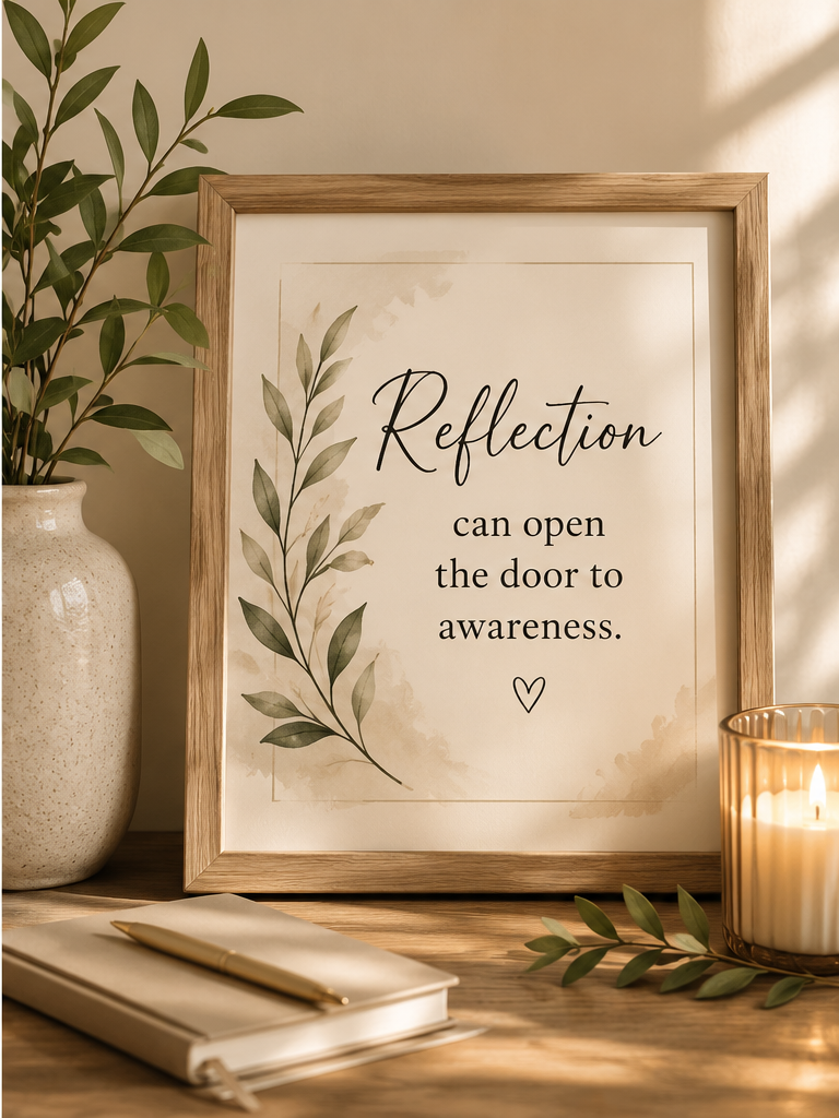 The framed quote with the candle, books, and greenery.