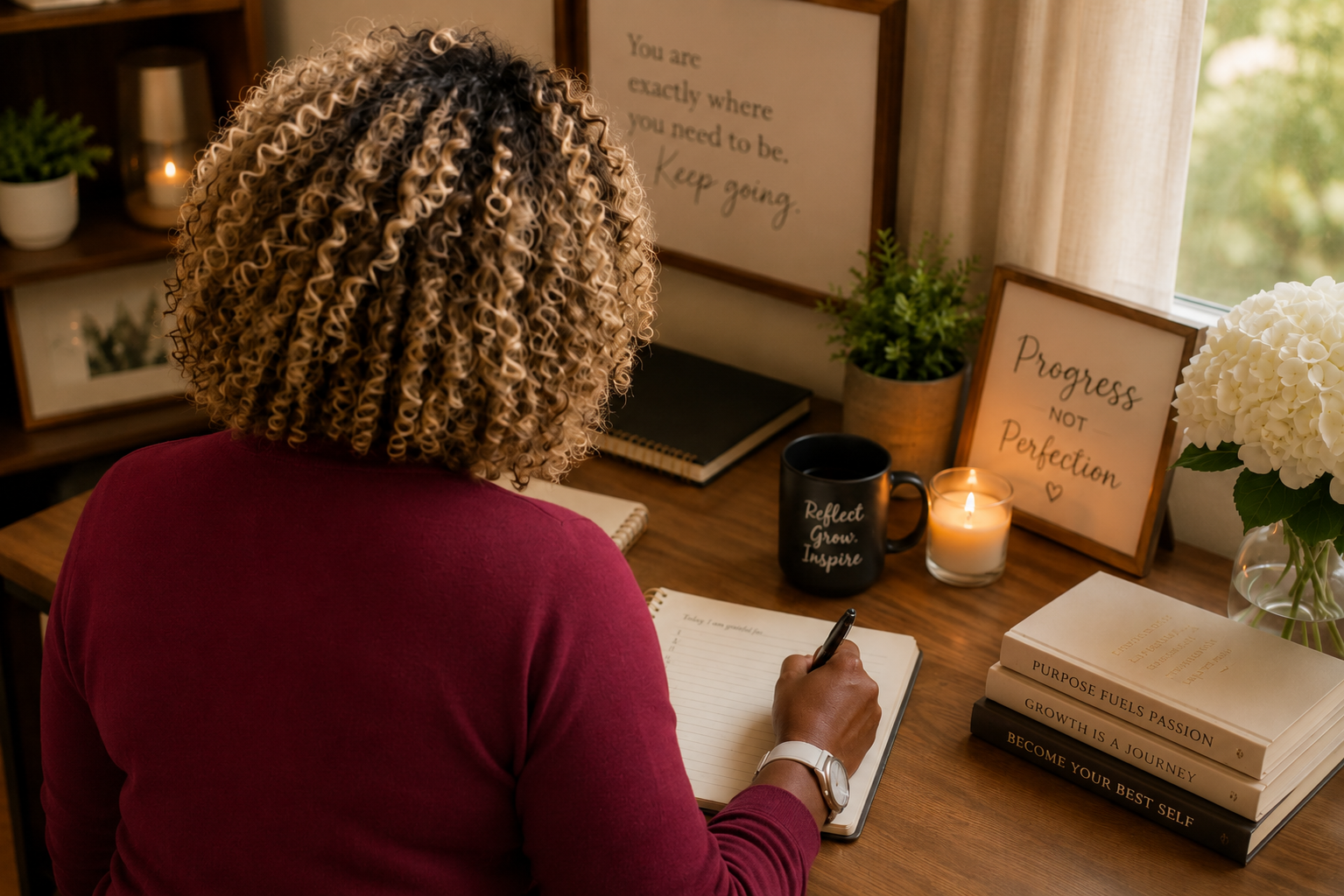 Tiffany  writing in a journal while seated at a desk, reflecting on experiences that inspire personal growth and meaningful conversations.