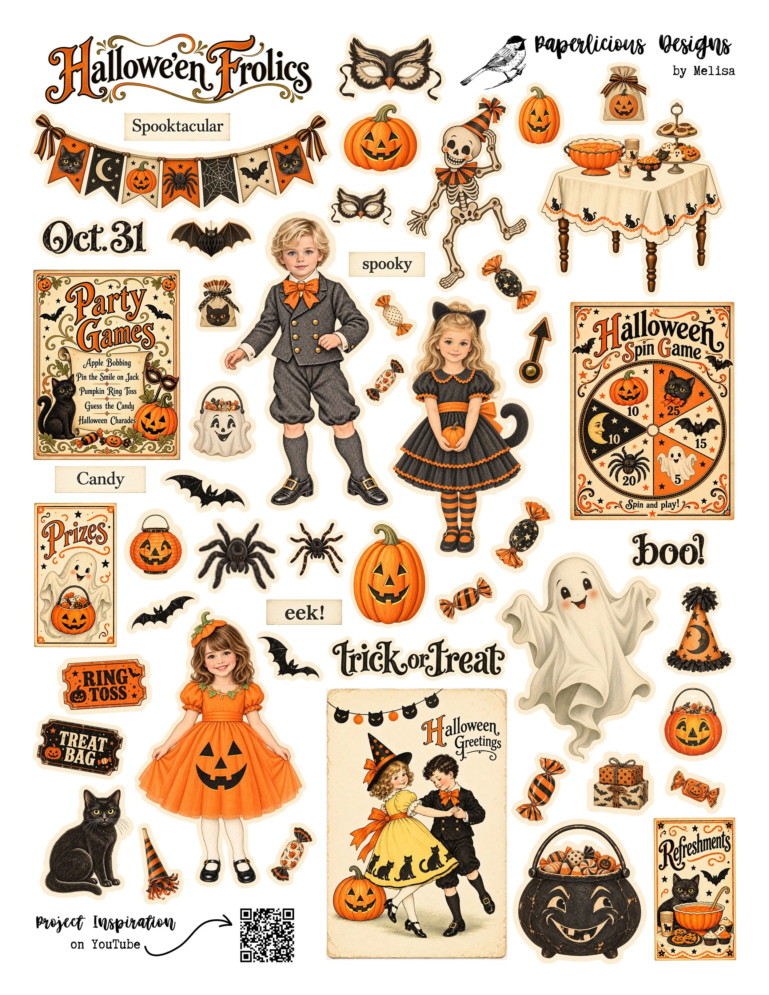 "Halloween Frolic" 3 page Digital Collage Sheet Set Printable