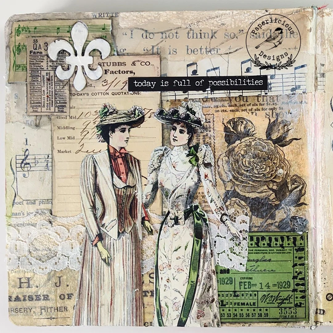 5.5 x 5.5 Art Journal Layout for CreatingTheCraftyLife.com March Art Journal Challenge.  Challenge was to use the following : 1. Green  2. die cuts  3. tissue paper.  If challenges inspire you to create, then come on over and check them out!  You wil