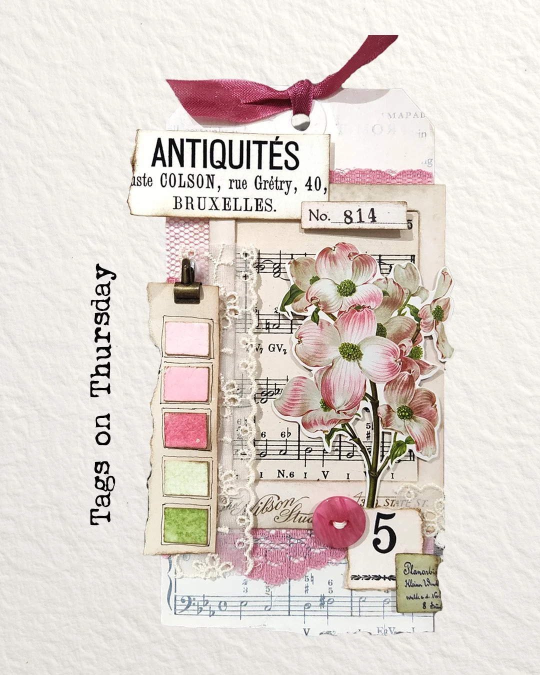 #8sizetag using some #timholtzideaology .  A great way to start a background &hellip; layer book paper or music paper, then knock it back with some gesso or watered down acrylic paint!  Melisa