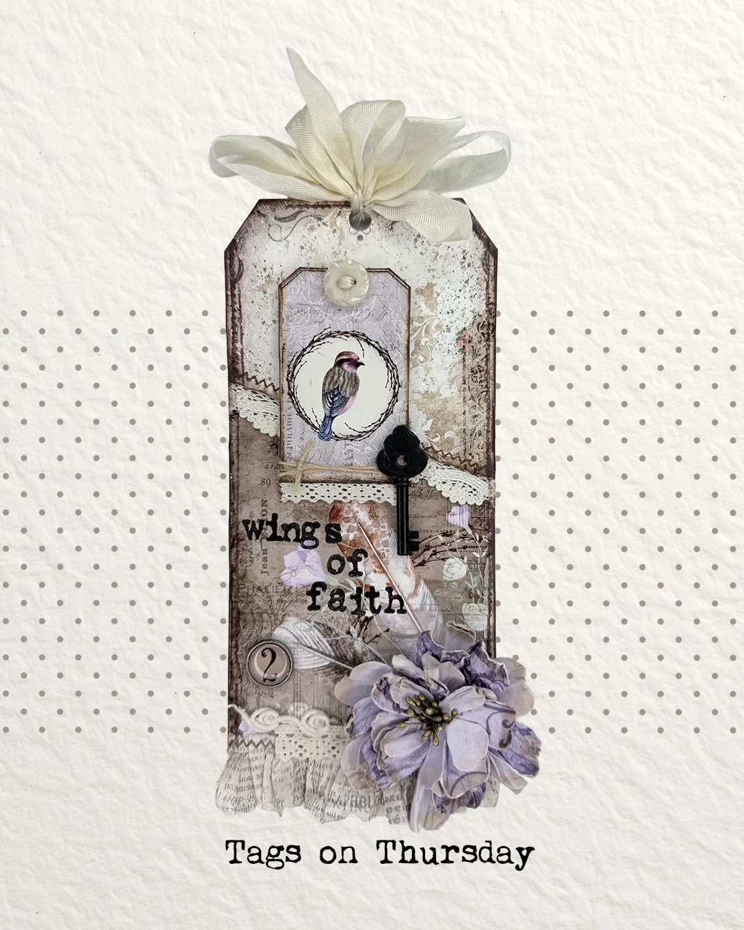 I'm a big fan of paper ruffles! This one was created using this script tissue paper from Hobby Lobby. Beautiful printable images are by another one of my favorite Etsy artist, @myporchprints. This is from a junk journal set "Birds of a Feather&q