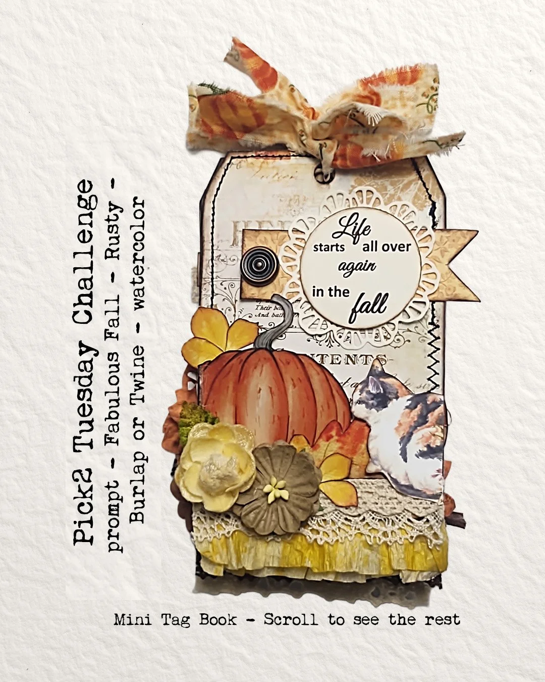 Fall is in the air!! This is a little mini tag book I created for a swap. Another way to get a good paper ruffle like the yellow on the bottom of the cover page is to use crepe paper! I love these beautiful watercolor fall images by @calicocollage on