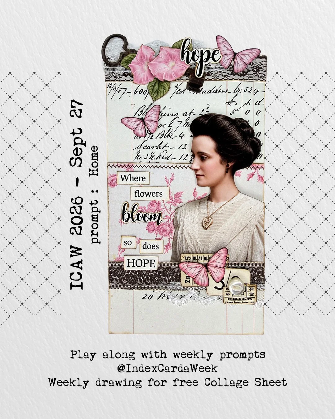 Hello crafty friends. I have been MIA because I've been building up product in the store. I'm up to 19 Collage Sets! Slide to check out the full collage sheet.

This is my project for this weeks ICAW challenge - Home. I used a door key and vintage wa