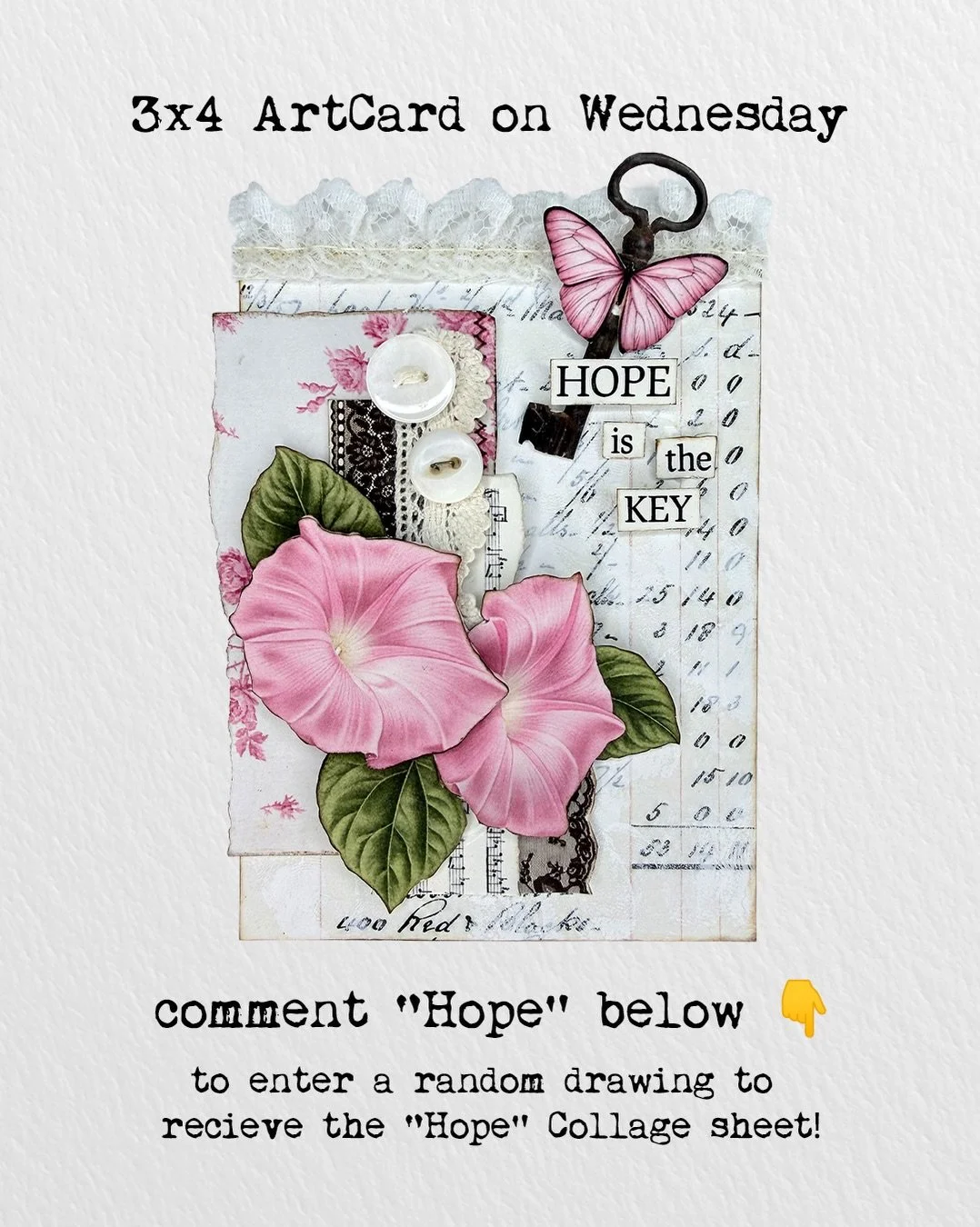 I had so much fun layering this week&rsquo;s 3x4 ArtCard with vintage images, lace and pink florals. Want to create your own version? Check out the full collage sheet in the second slide and 👇comment &ldquo;Hope&rdquo; below to enter the random draw