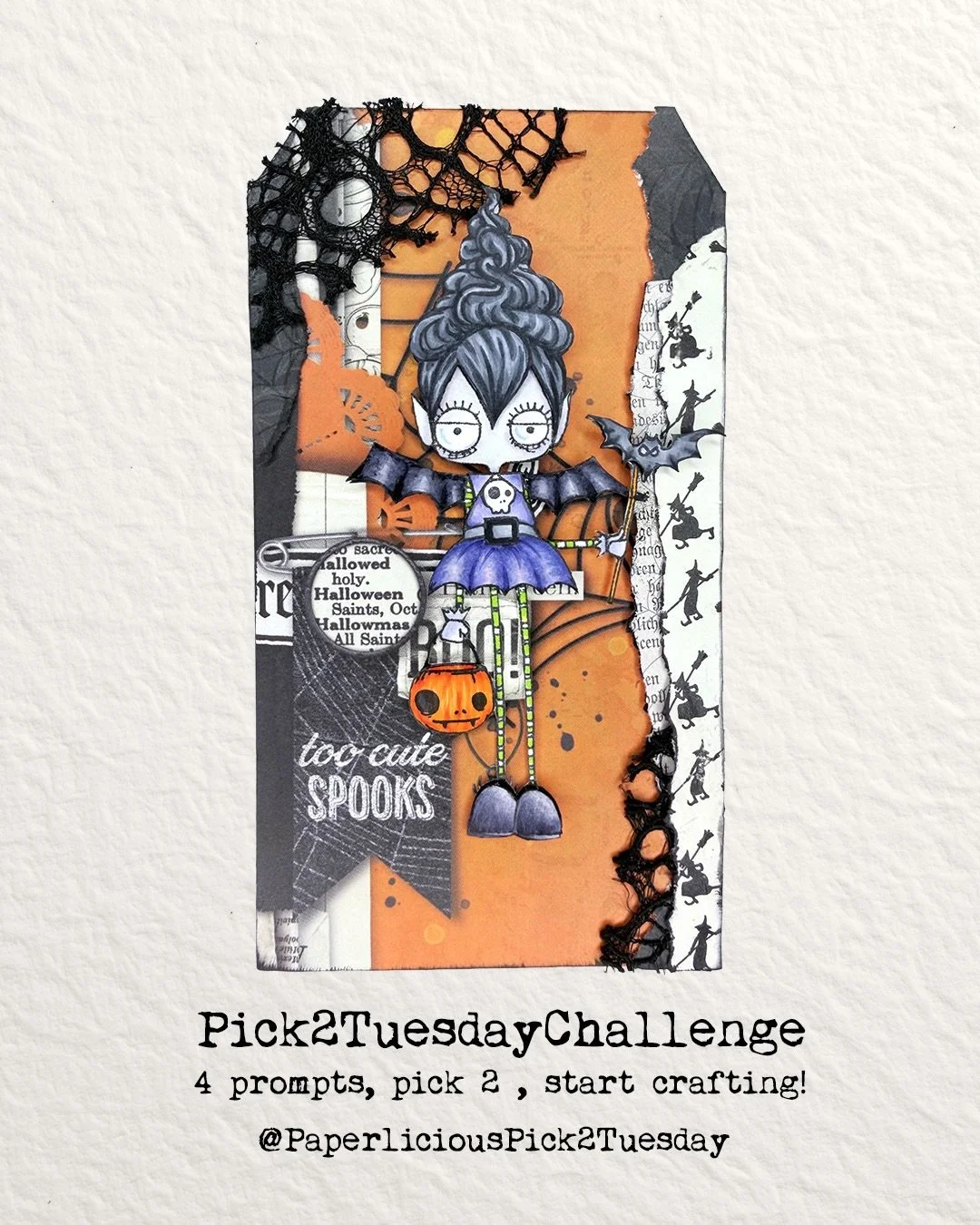 This weeks prompts are : Odd - Torn - Glitter - Freaky Friend. There is plenty of time to join us! 

My freaky friend is a @Stampingbella stamp from the Halloween Oddballs series. 

COPIC coloring was inspired by Elaine @markergeek! She had amazing t