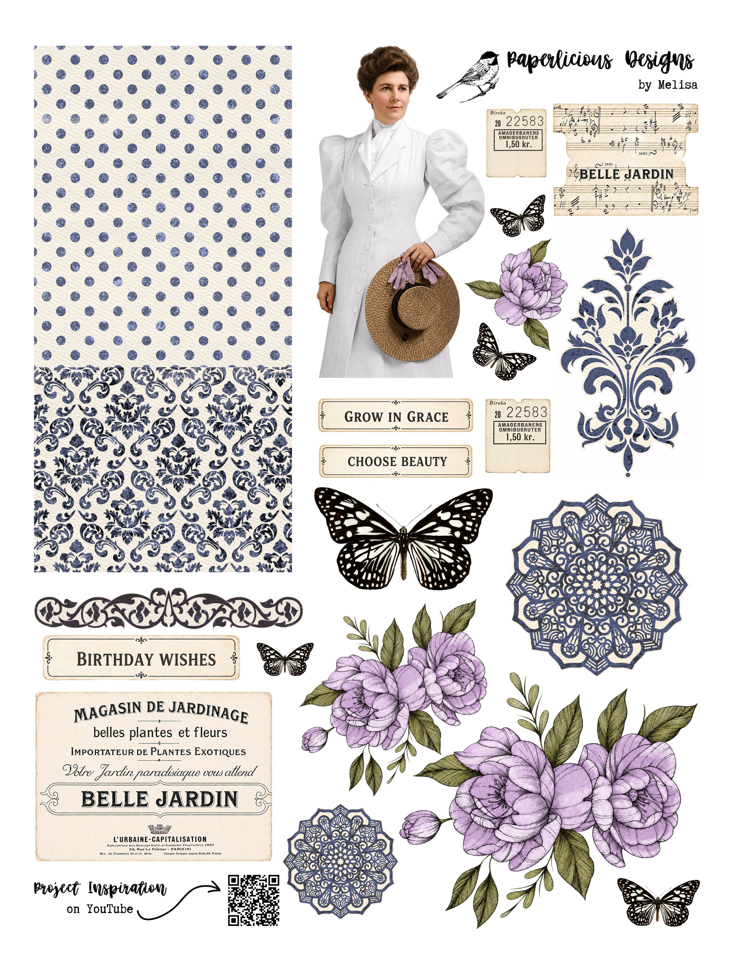 Paperlicious Designs printable 8.5x11 fussy cut sheet featuring an Edwardian woman portrait, purple peonies, butterflies, blue damask backgrounds, and vintage French ephemera labels