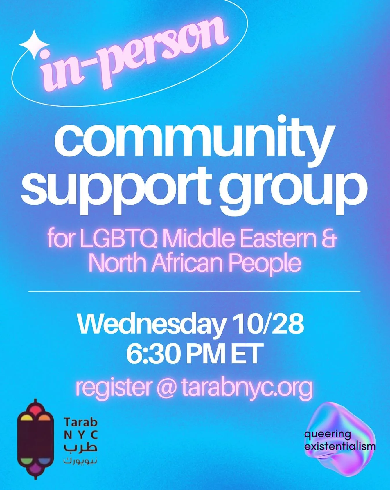 Join us for a peer support group in which
LGBTQ persons from the MENA region can process experiences in a safe space💞

Group discussion can foster support and develop ways of coping with struggles afflicting our community. This group will be facilit