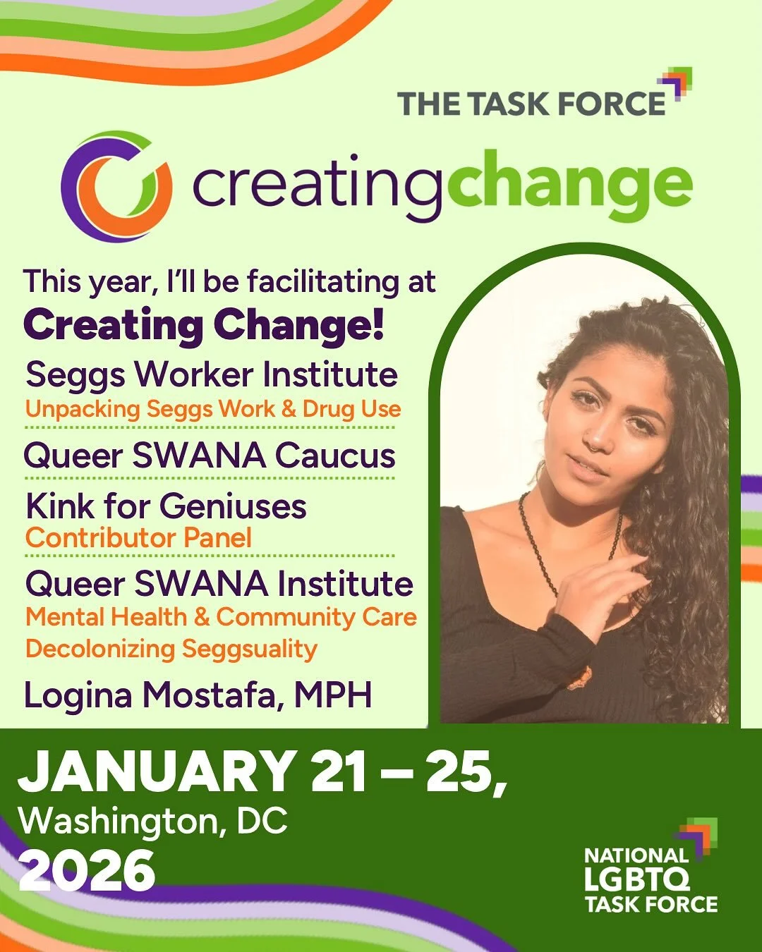 So excited to be back at Creating Change 2026! This year I&rsquo;m facilitating across the Seggs Worker Institute with @transequity , speaking on a panel with other contributors to Kink for Dummies with @jaimemgrant , and the first Queer SWANA (South