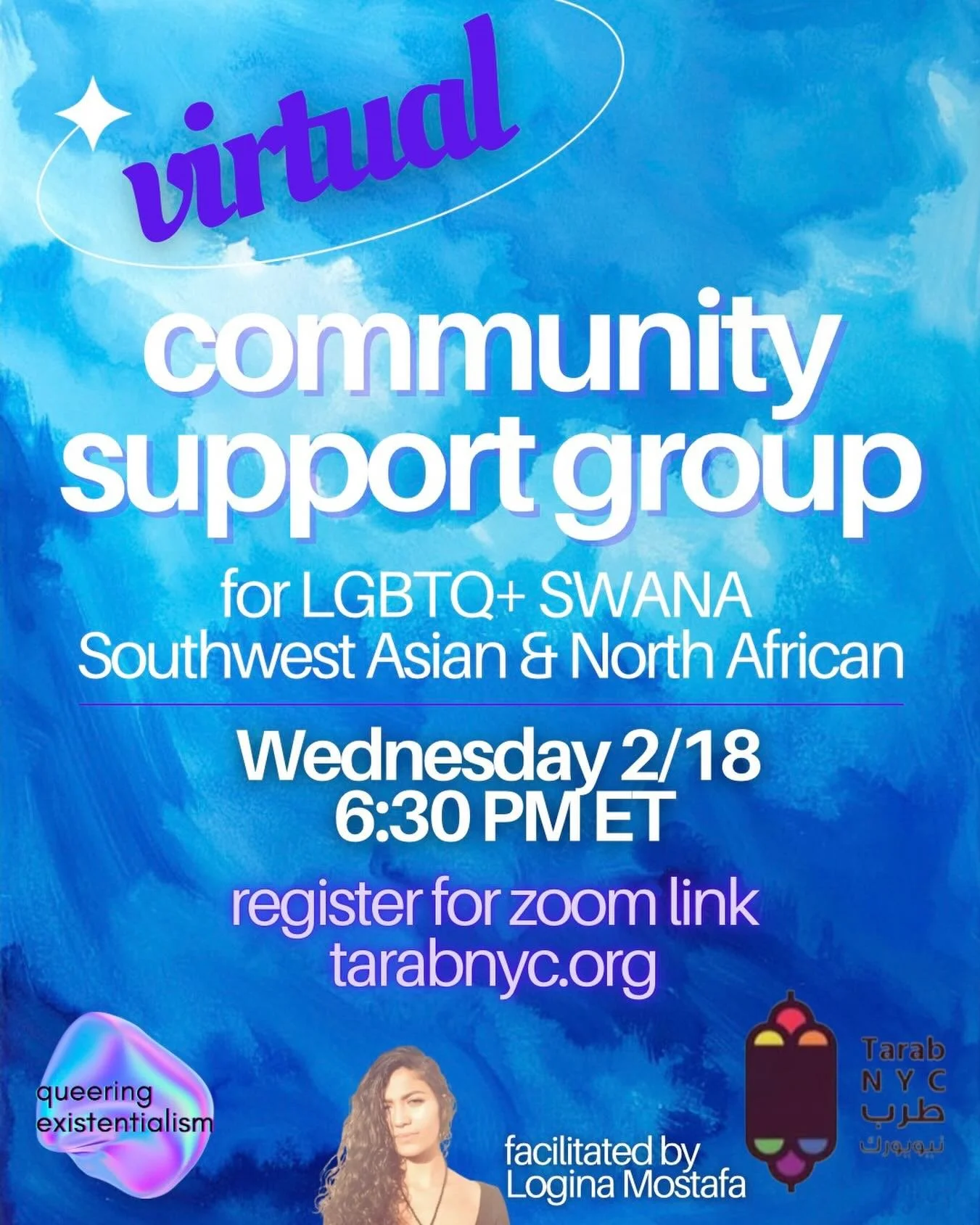 Join us for a peer support group TOMORROW in which
LGBTQ persons from the SWANA region can process experiences in a safe space💞

Group discussion can foster support and develop ways of coping with struggles afflicting our community. This group will 