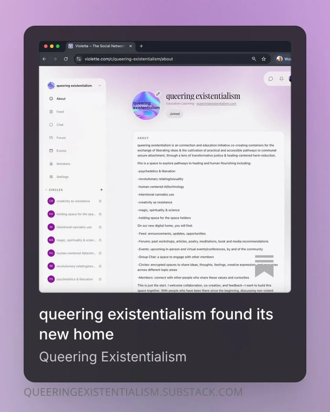 I am deeply excited to share that queering existentialism is officially live on violette.com 🪻 read more thru new article [link in bio]

this is a home for liberating ideas, communal secure attachment, and taboo pathways to existentialism healing an