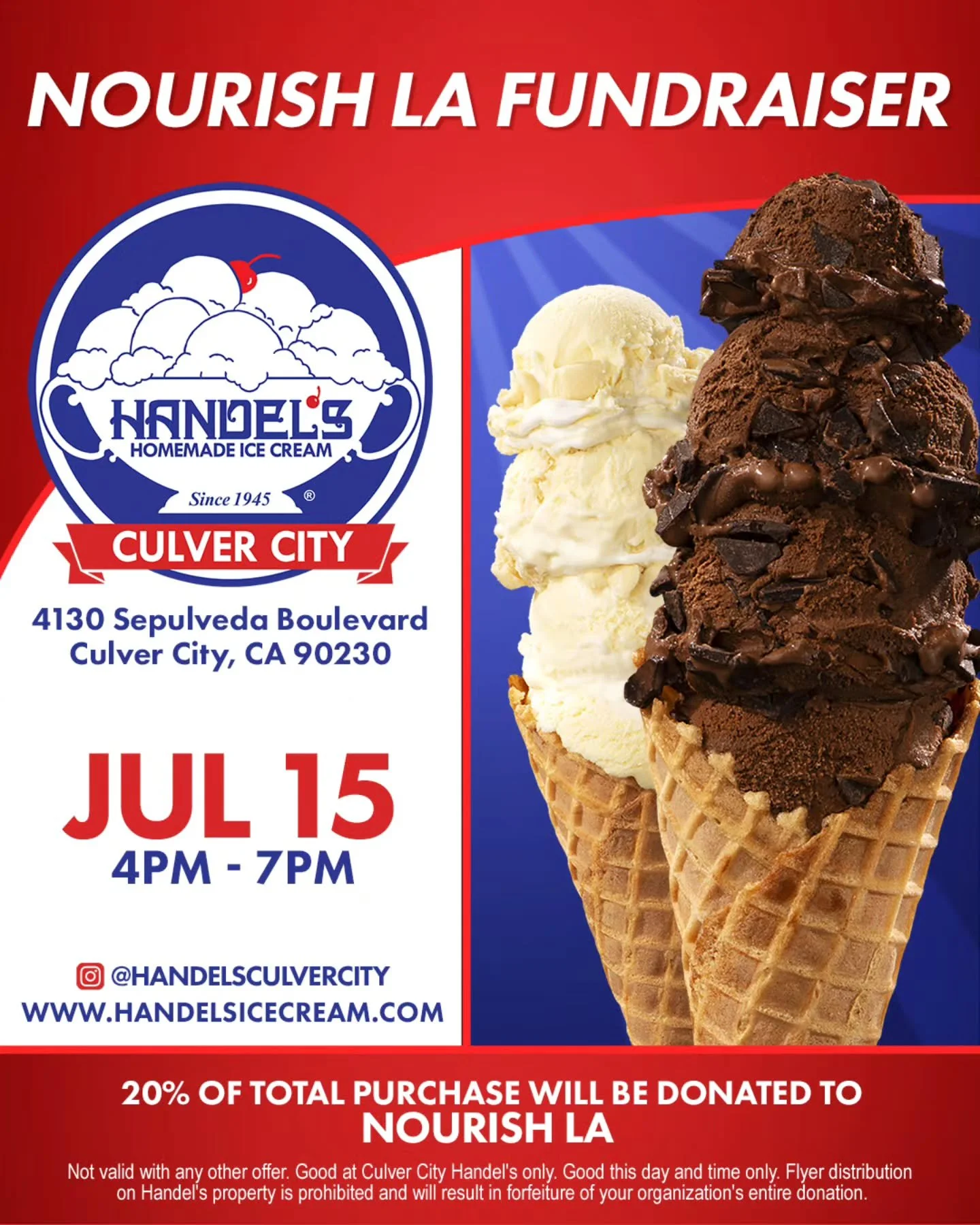 Treat yourself and support a great cause!🍦 We are partnering with Handel's Homemade Ice Cream in Culver City for a special fundraiser on July 15th, from 4 PM - 7 PM. Enjoy delicious ice cream, and 20% of your purchase will directly benefit Nourish L