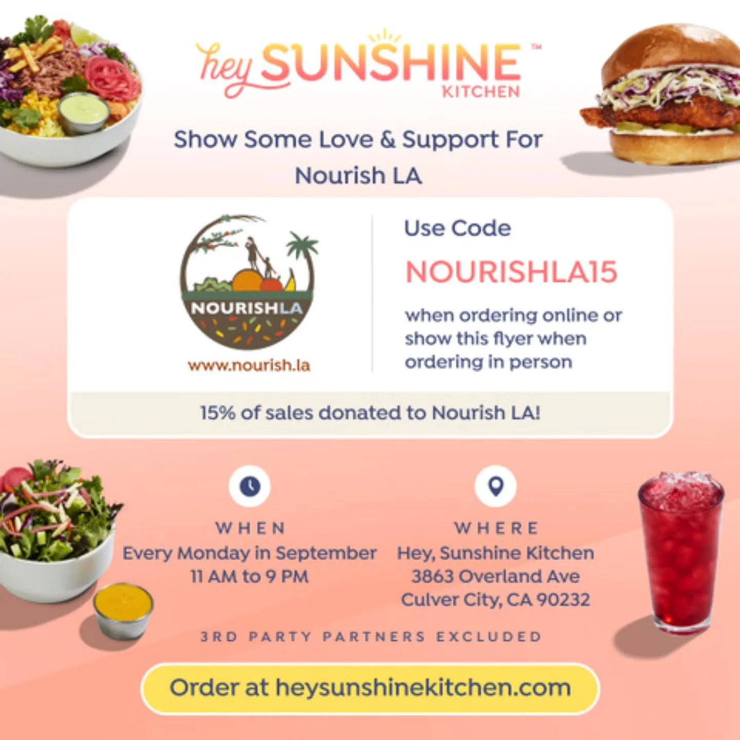 ✨ Exciting News! ✨

Nourish LA has teamed up with the amazing @heysunshinekitchen for a delicious fundraiser this September! Indulge in their incredible menu and help us continue our mission.

Here's how to participate:

🍔 To ensure your purchase co