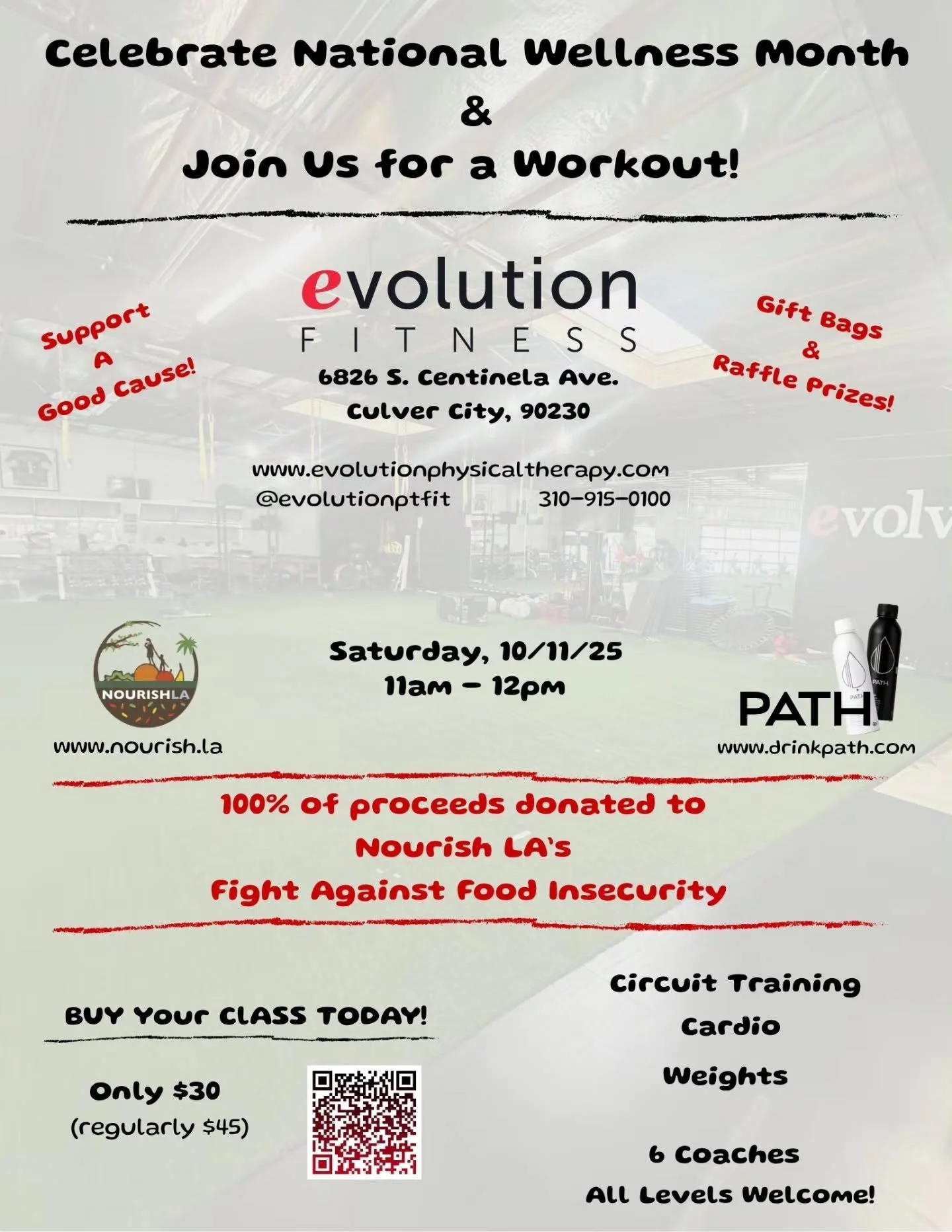Celebrate National Wellness Month with Nourish LA! ✨

Join us at Evolution Fitness on 10/11/25 for a workout that truly gives back. 100% of proceeds fight food insecurity!

Your $30 ticket includes:

 * A Circuit Training, Cardio &amp; Weights class 