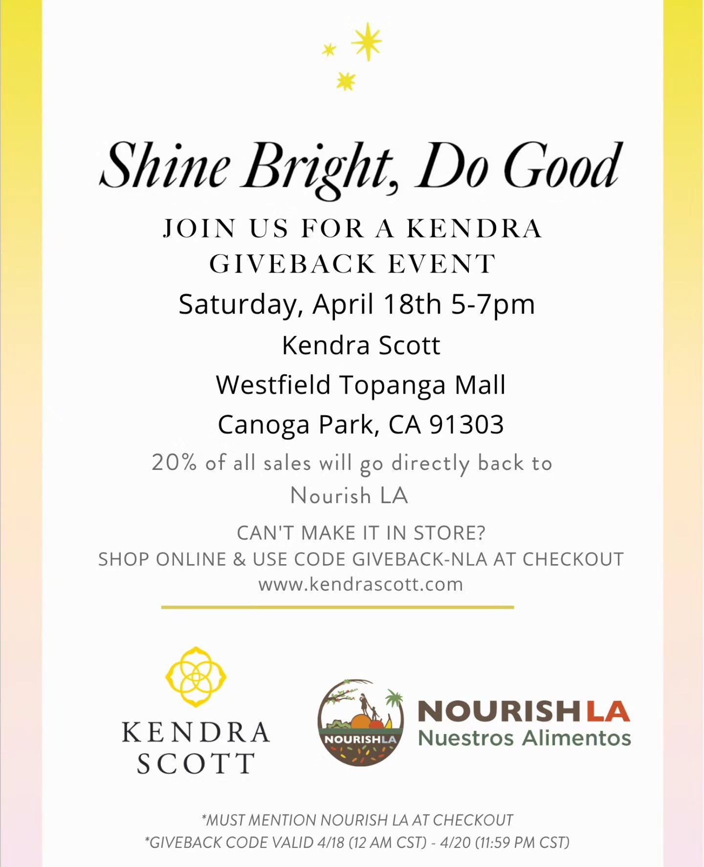 Shine bright and do good! ✨ Join us for a special giveback event with @kendrascott at Westfield Topanga.

​Whether you&rsquo;re treating yourself or looking for the perfect gift, 20% of your purchase will go directly toward supporting our food recove