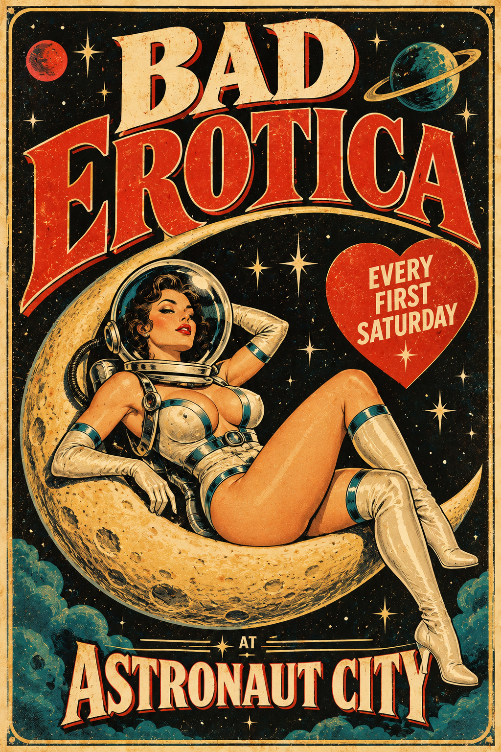 The Bad Erotica Show, every first Saturday. 10 comics write dirty scripts and perform them for audience votes. Winner gets a bag of chips. Produced by Crab Daddy Scott Richards.