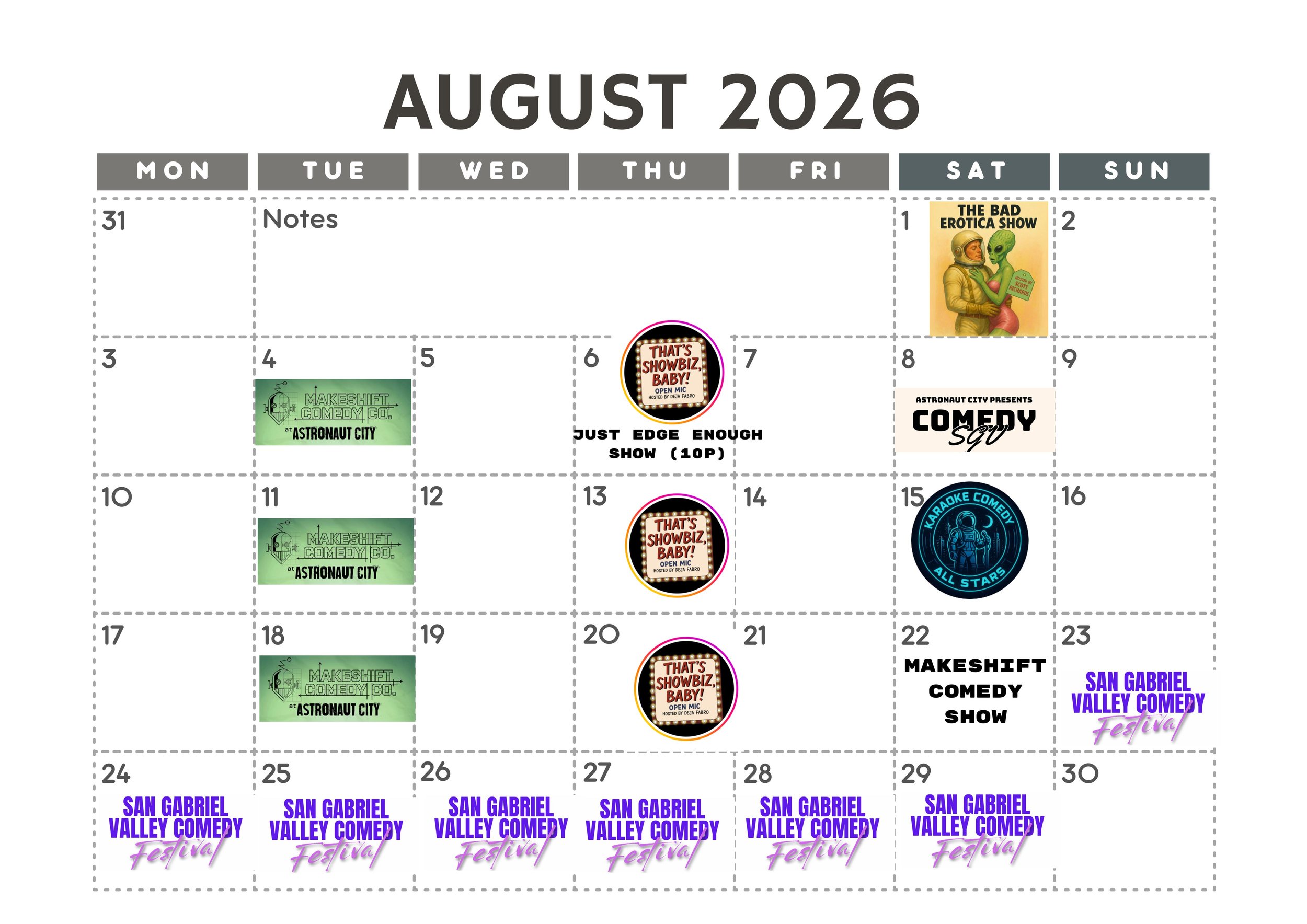 August calendar has shows tuesday, thursday and saturday