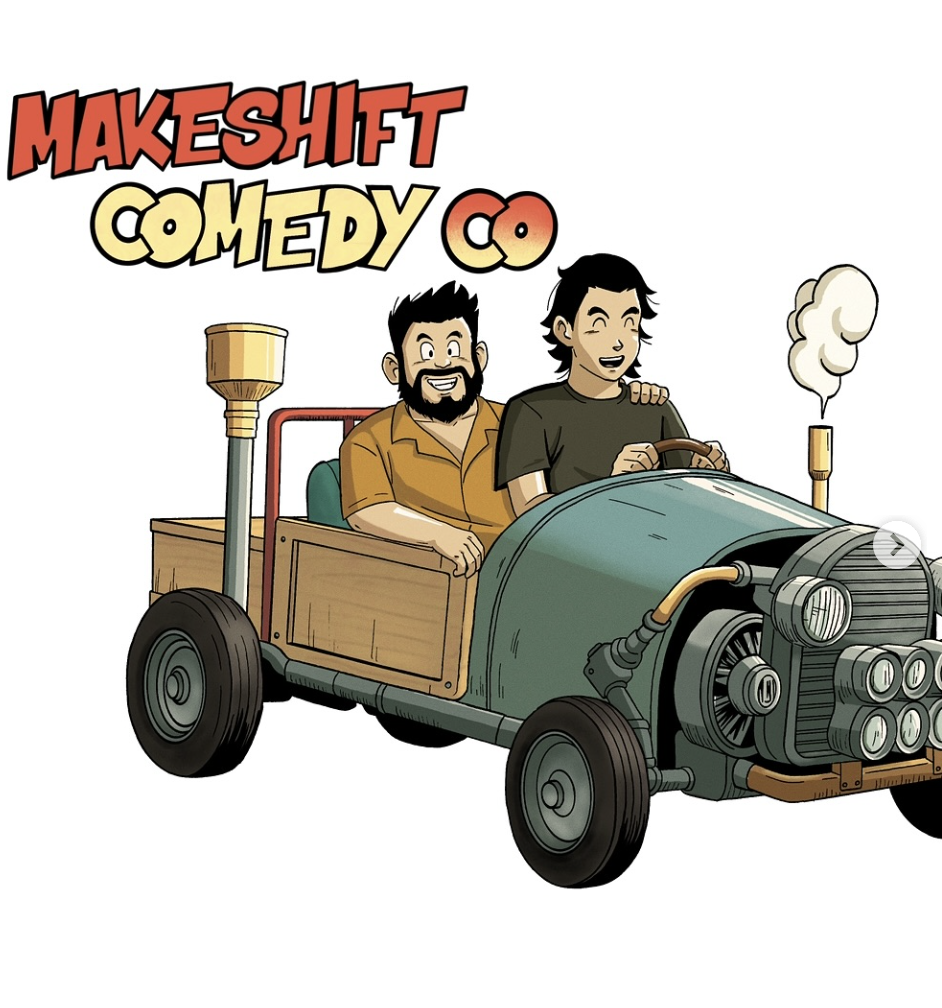 Anime drawing of Greg Sanchez and Alex Durazzo riding an old fashioned car