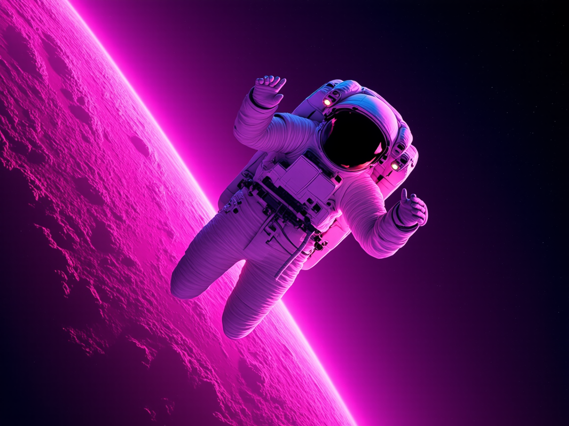 Astronaut floating in space with a pink glow, near a planet or moon surface.