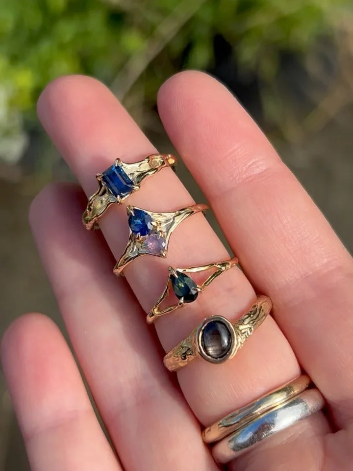Untreated Tasmanian sapphire &amp; solid recycled gold rings currently available ✨