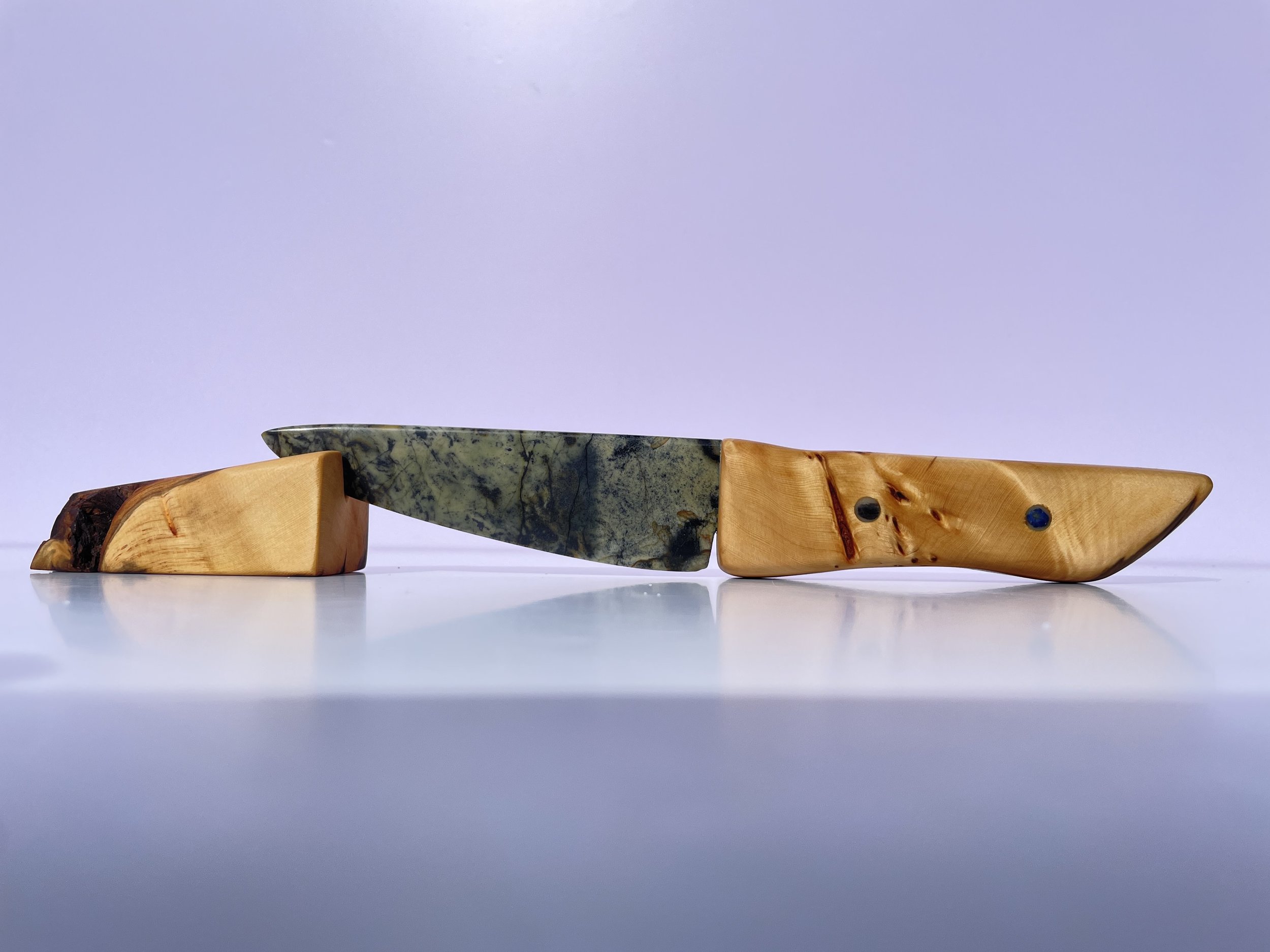 tasmanian jade & tasmanian birdseye huon pine w/ tasmanian serpentine pyorxene tang & inlaid tasmanian sapphire 'pins'