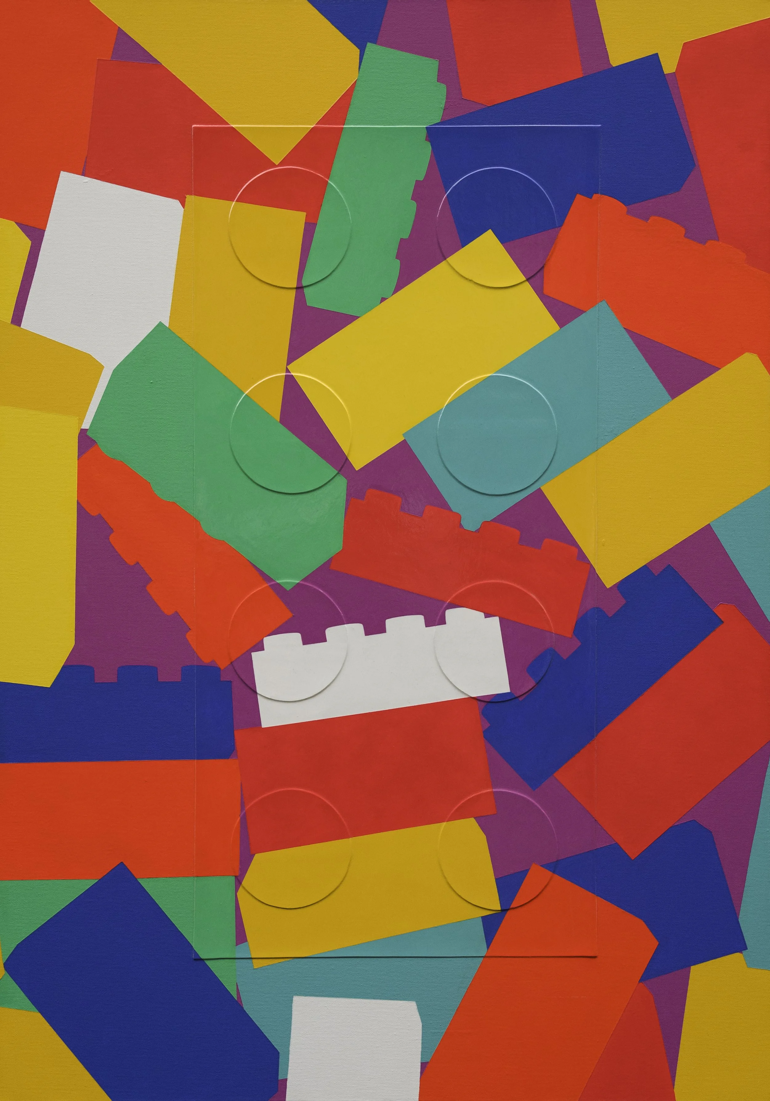 Abstract art featuring colorful overlapping blocks resembling LEGO pieces in various bright hues such as red, blue, yellow, and green.