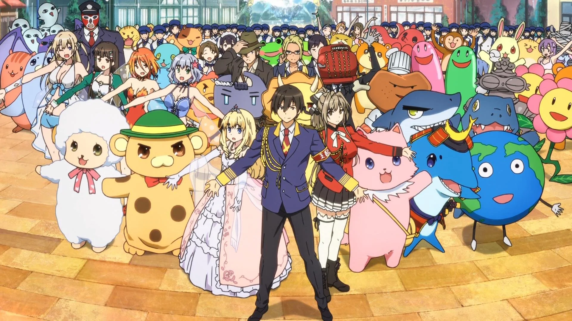 A large crowd of colorful cartoon characters and anime figures, some in costume, gathered outdoors on a paved area, with buildings and trees in the background.