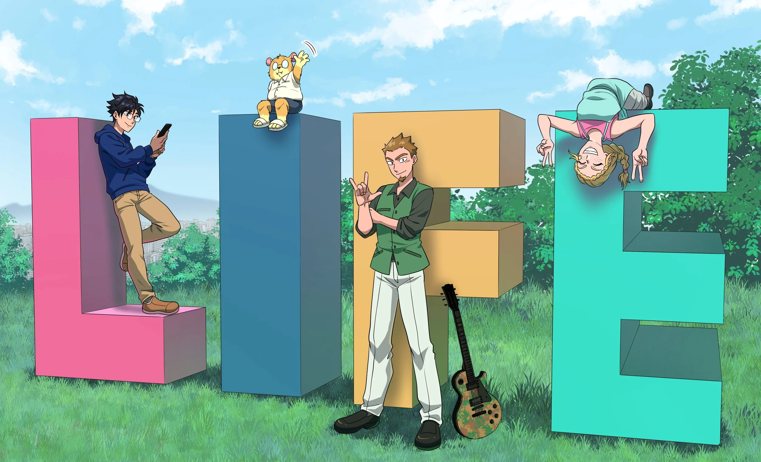 Four animated characters are positioned around large, colorful 3D letters spelling 'LOVE'. A young man with black hair, wearing a blue hoodie and beige pants, is standing on the pink letter 'L' while looking at his phone. A small anthropomorphic animal with glasses, a white shirt, and yellow fur, is sitting on top of the blue letter 'O', waving. A man with brown hair, a goatee, and wearing a green vest and white pants, is standing in front of the yellow letter 'V', making a hand gesture. A girl with long hair, glasses, and a pink tank top, is hanging upside down from the turquoise letter 'E', smiling and pointing downward. The background features a blue sky with clouds and trees.