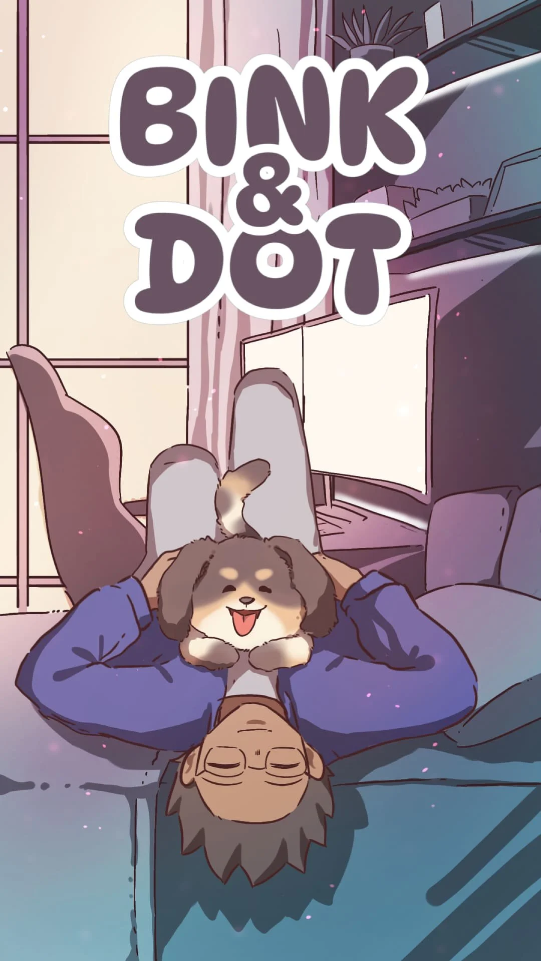 Illustration of a person lying on a couch with a happy puppy on their stomach, in a cozy living room with a television and plants, and the text 'Bank & Dot' at the top.