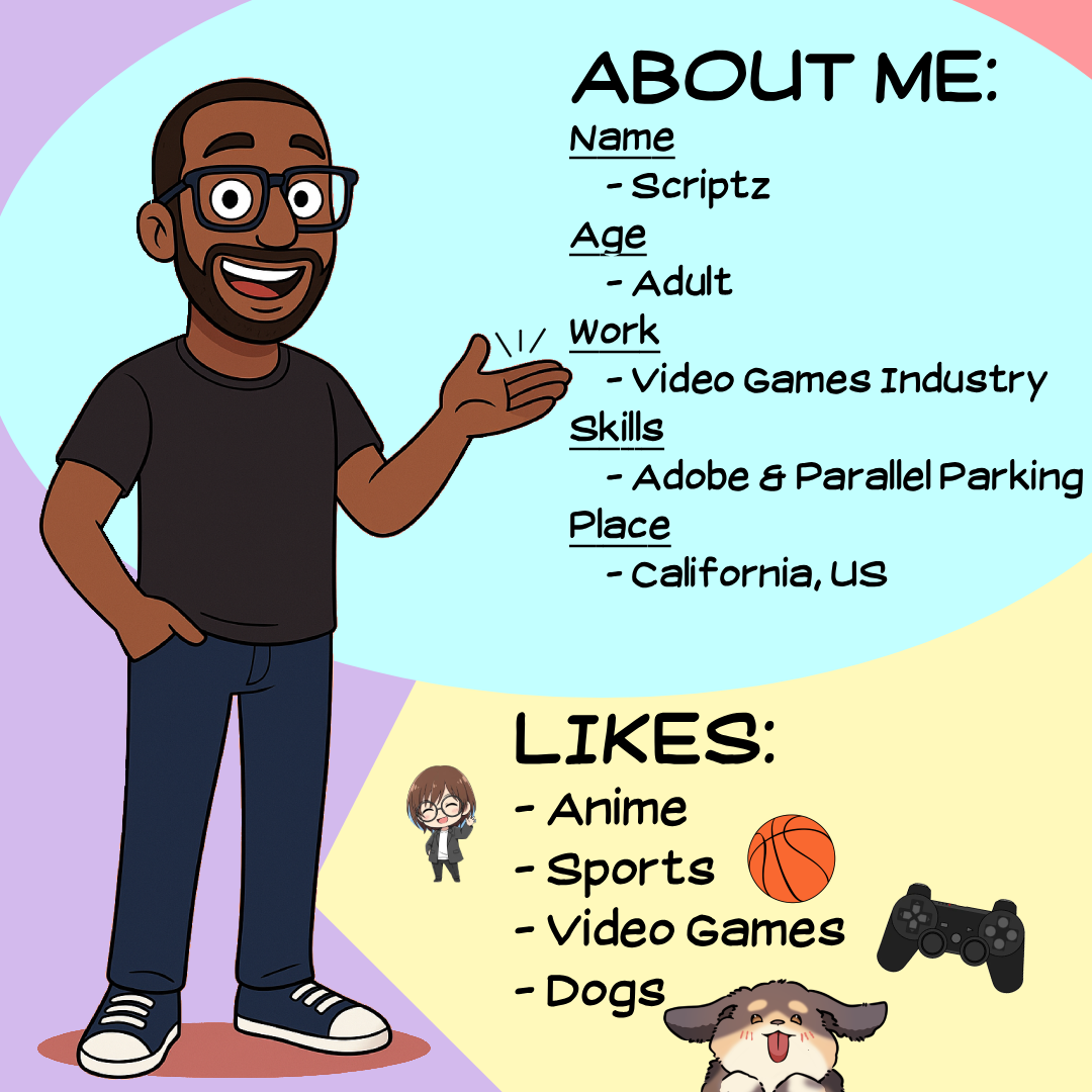 A cartoon illustration of a man pointing to an 'About Me' and 'Likes' personal profile. The profile includes name: Scriptz, age: adult, work: video games industry, skills: Adobe & Parallel Parking, place: California, US. The likes listed are anime, sports, video games, and dogs, with icons of a person, basketball, game controller, and a dog.