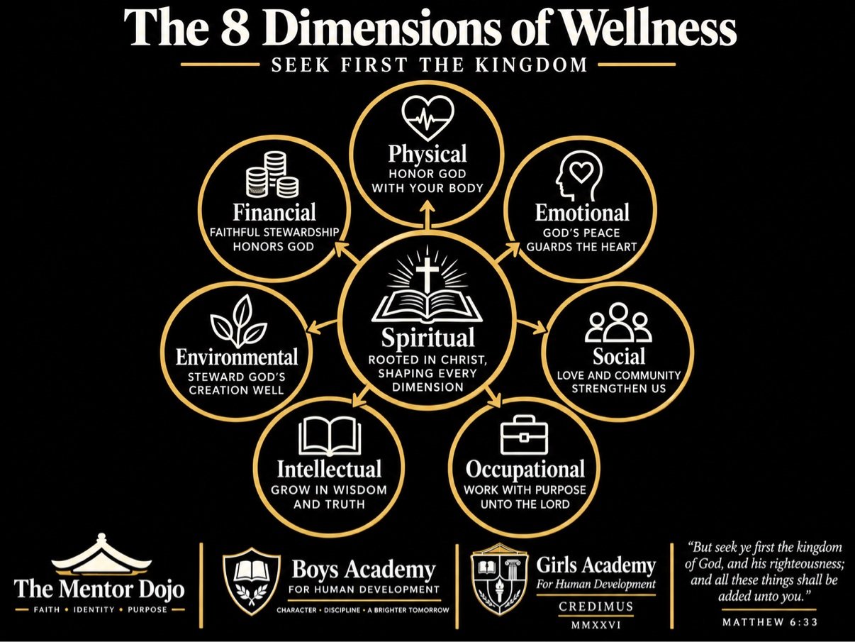 Diagram of the eight dimensions of wellness with Spiritual at the center