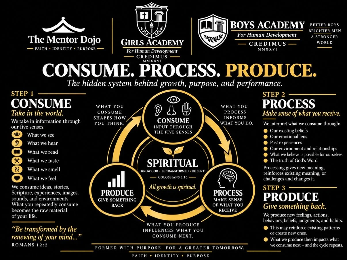 Diagram of the Consume. Process. Produce. cycle with Spiritual at the center
