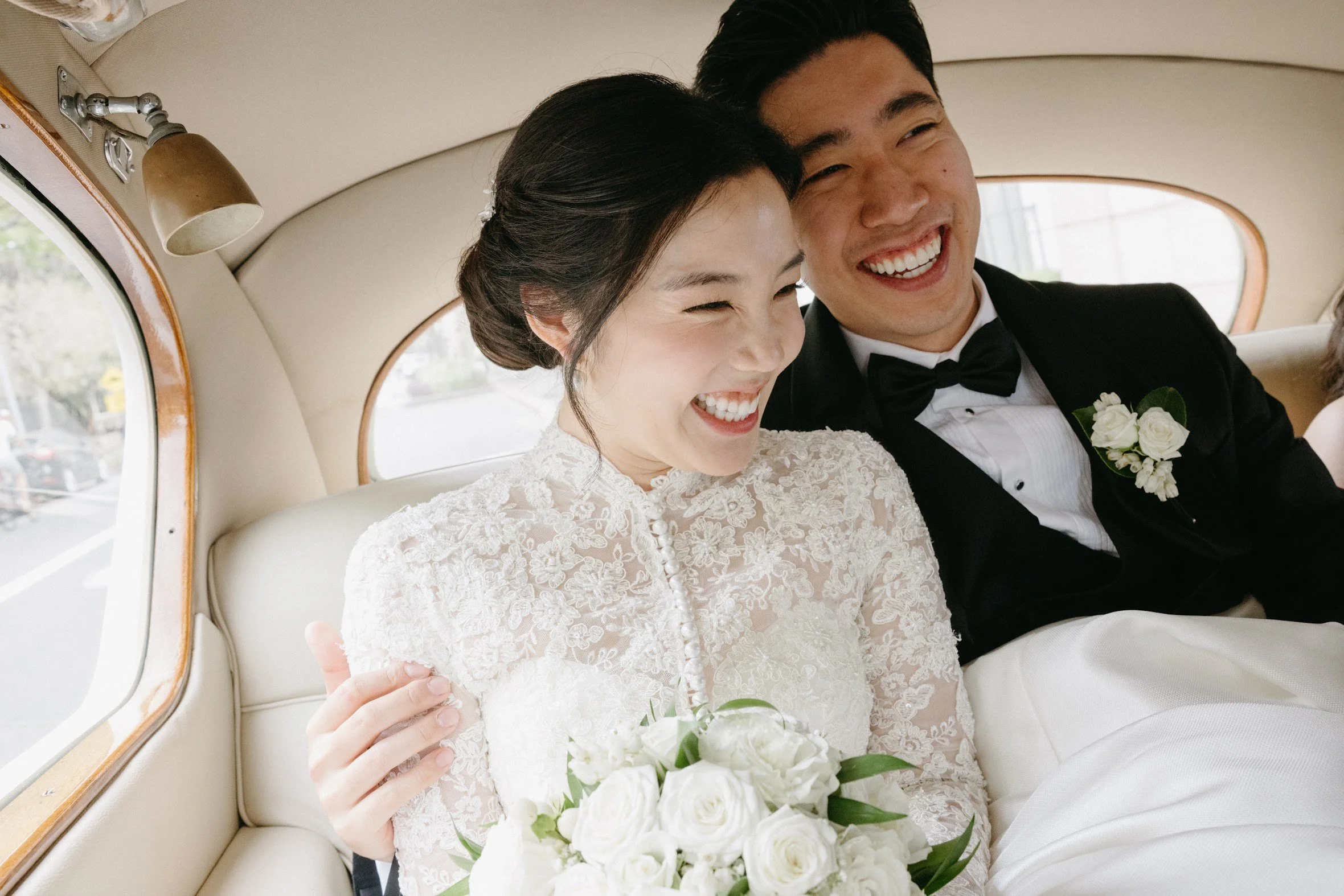Interior white wedding car
