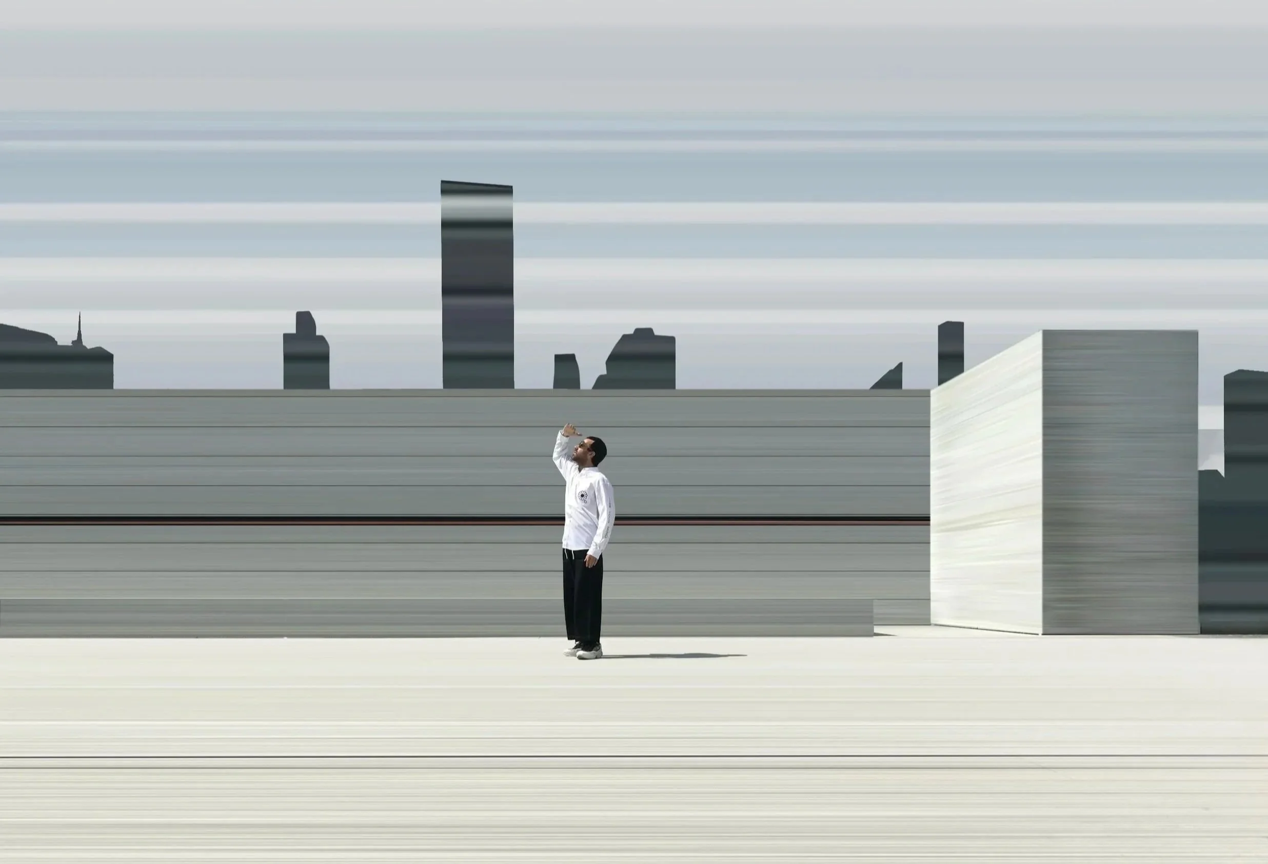 A man in a white jacket and black pants is standing in front of an abstract cityscape background, taking a selfie with a smartphone.