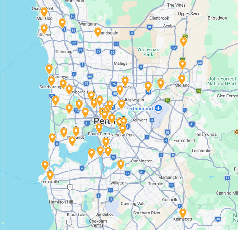 Map of Perth, Australia, showing numerous orange location markers across the metropolitan area.