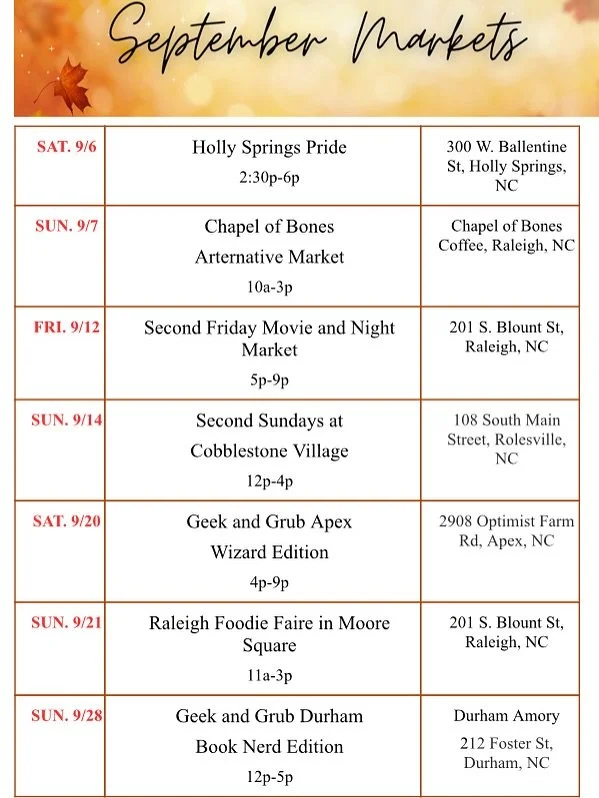 Some fun markets planned for September! 🍁🍂

Can&rsquo;t make it? Shop 🧙🏽&zwj;♀️@ witchwoodwax.com or in person @xaos_co @fae_esthetics @plantmamasholistic @zeitgeist_durham during location hours!