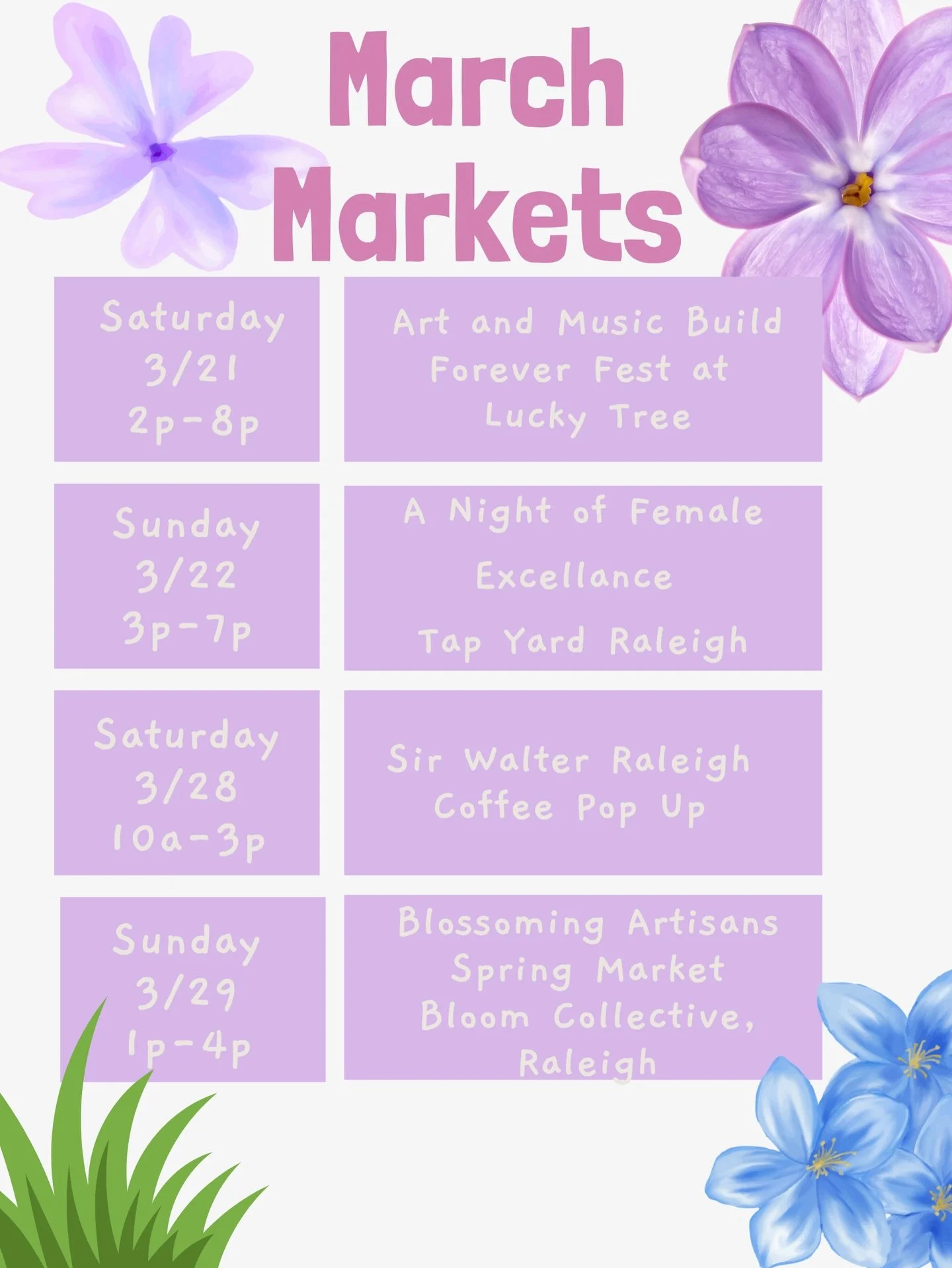 Popups for the remainder of March! See you March 21 back in @mooresquaremarkets with @luckytreeraleigh 

Then back March 22 for a night of Female excellence with the wonderful @teresajacintatomas