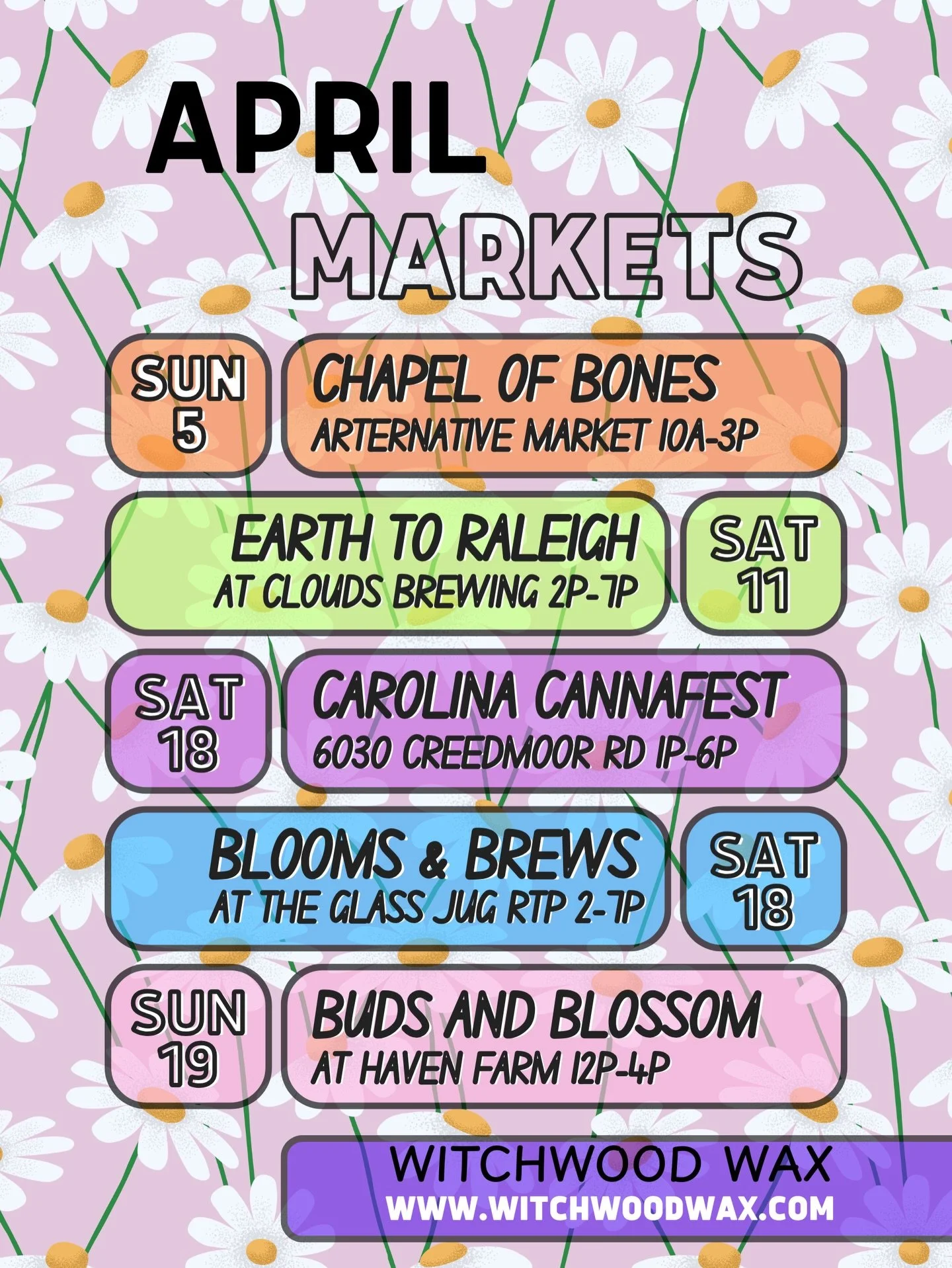 Our April Markets are finally out and we&rsquo;ll be starting off the month at one of our favorite locations @chapelofbonesraleigh this Easter 🐣 Sunday 5th from 10a-3p

With Earth Day 🌎 this month, Spring in full bloom 🌸and 4/20 🍃around the corne