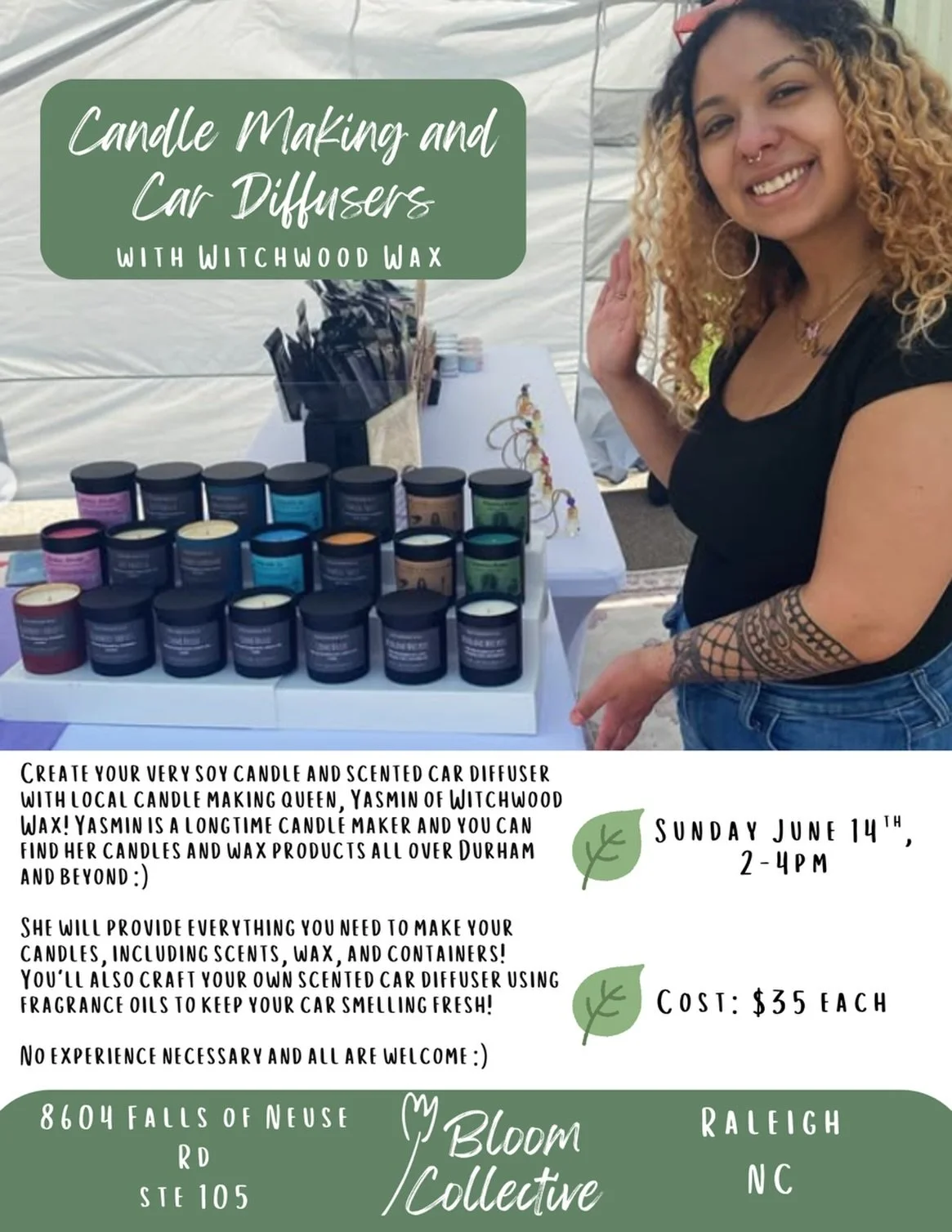 I&rsquo;ve been planning this for a while&hellip; on June 14 I am hosting my first Candle making workshop at Bloom Collective 🥳🕯️

Everyone will be making their own 8oz candle tin + your own custom car diffuser blend 🚗👃

Link is in the bio or on 