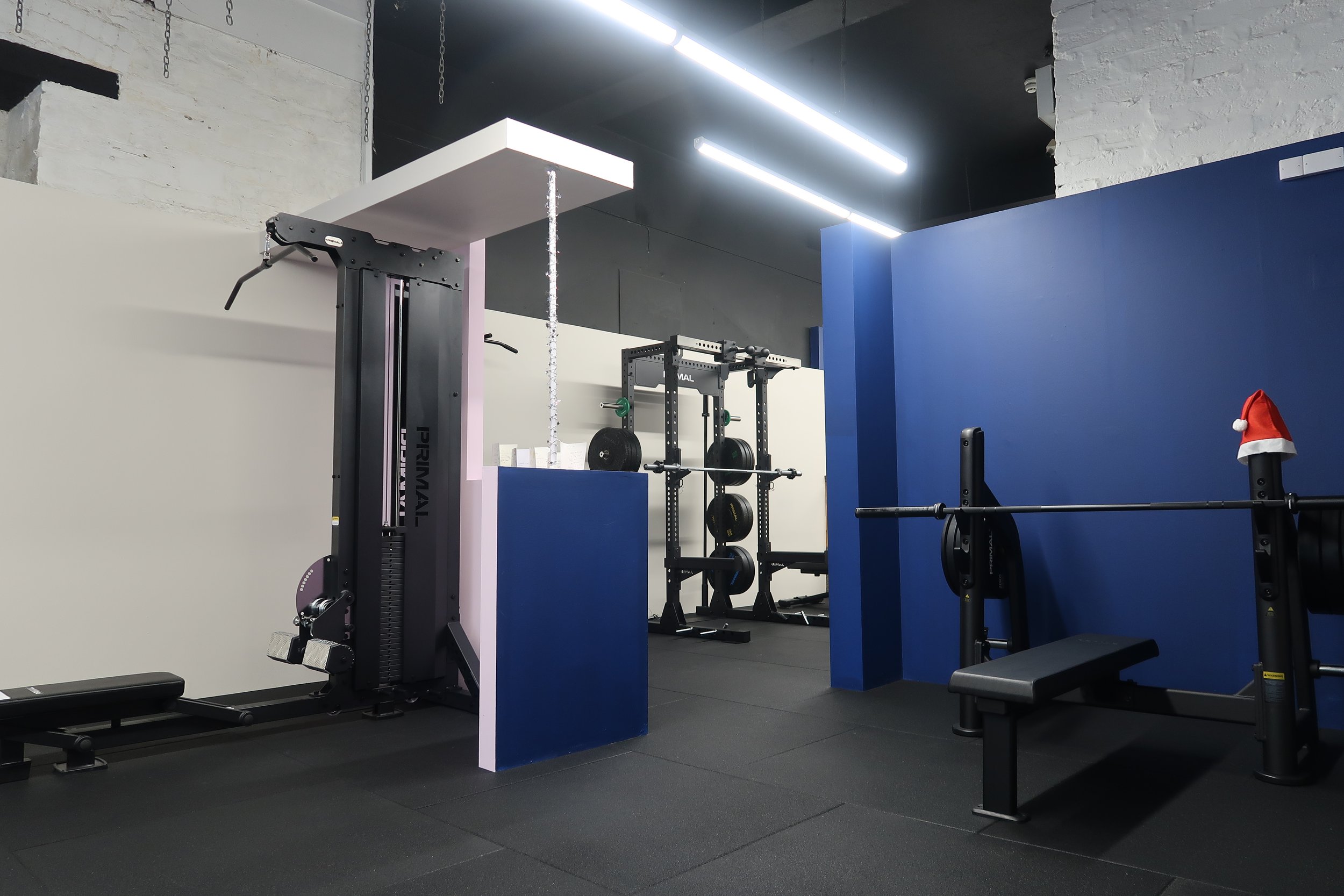 Fitness studio/gym with various workout equipment including a pull-up bar, squat rack, lat pull-down/back row and Olympic bench.