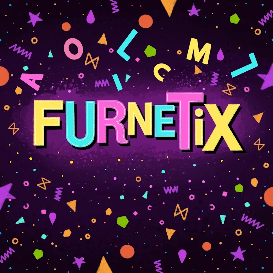 Colorful, playful logo for 'Furnetix' with bright yellow, pink, purple, and blue letters on a dark background. Surrounding the text are various colorful geometric shapes and confetti.