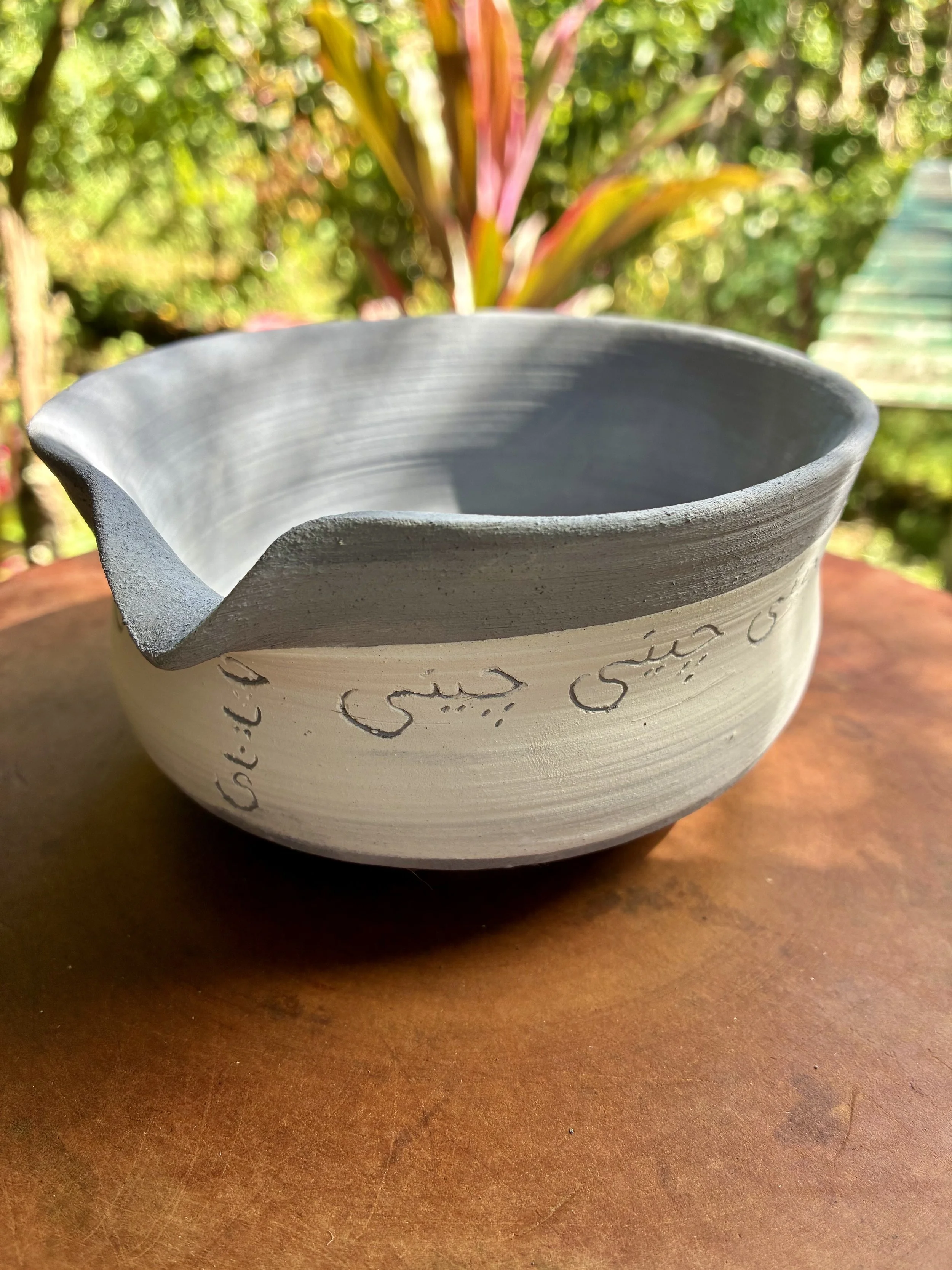 'Chinese/Cheeni' Farsi Matcha Bowl, black clay, porcelain slip (Work in progress)
